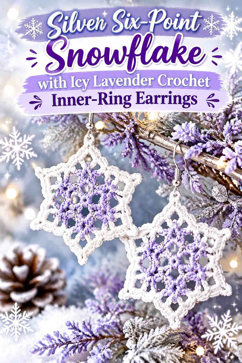 Silver Six-Point Snowflake with Icy Lavender Crochet Inner-Ring Earrings