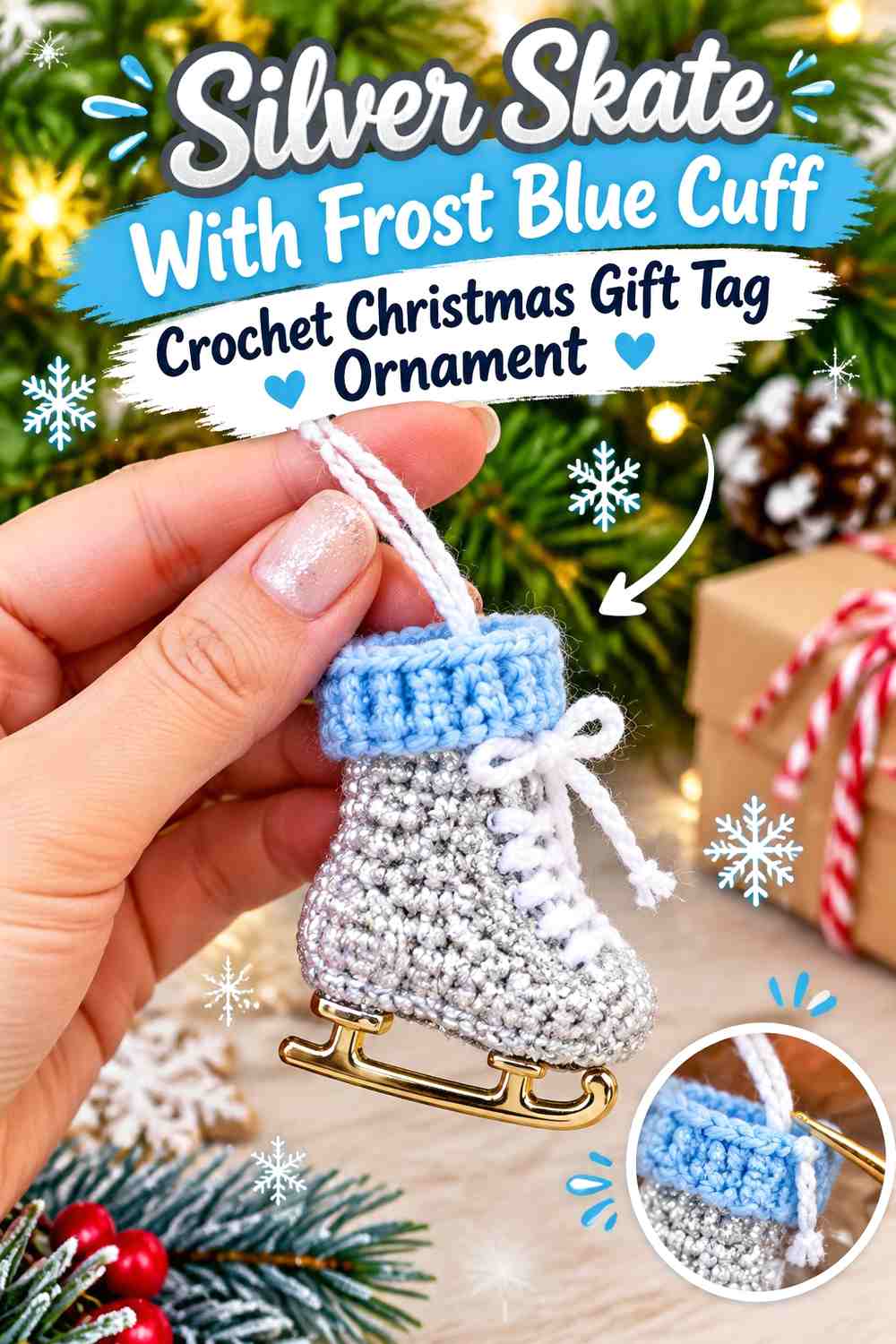 Silver Skate With Frost Blue Cuff Crochet Christmas Gift Tag Ornament