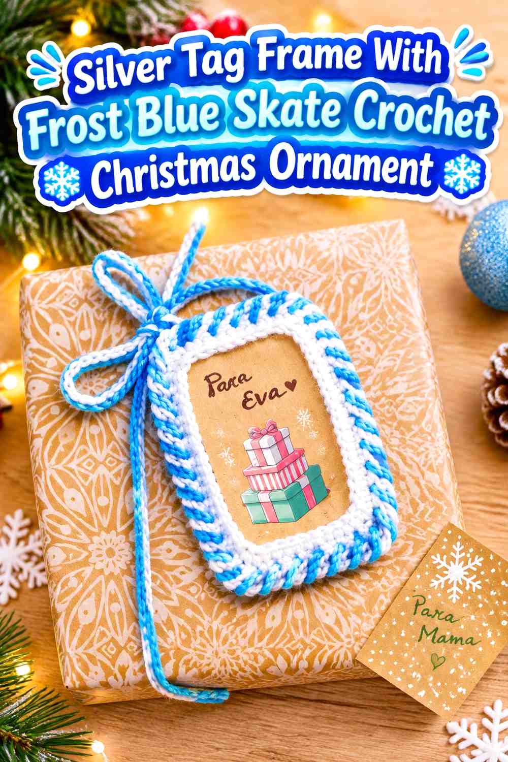 Silver Tag Frame With Frost Blue Skate Crochet Christmas Ornament