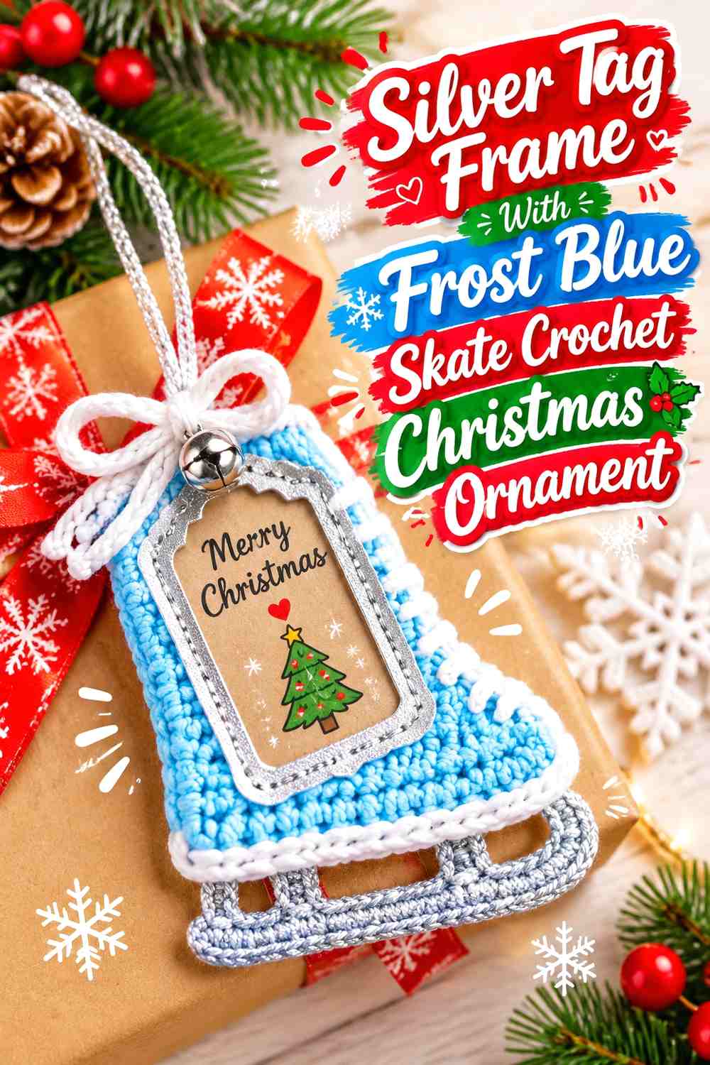 Silver Tag Frame With Frost Blue Skate Crochet Christmas Ornament
