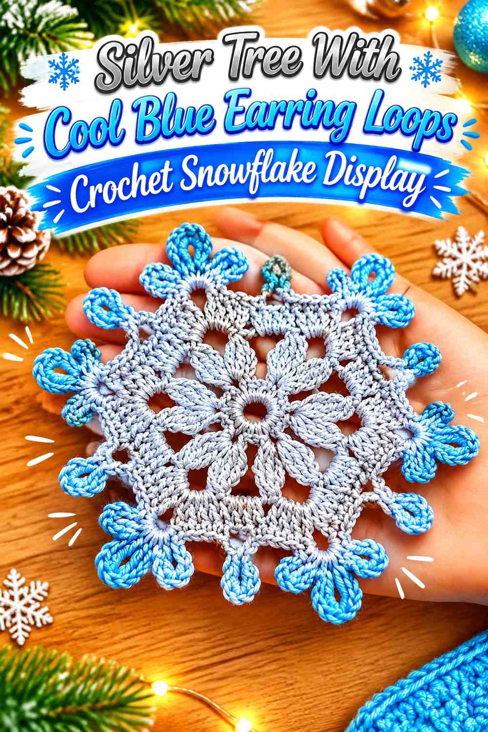 Silver Tree With Cool Blue Earring Loops Crochet Snowflake Display