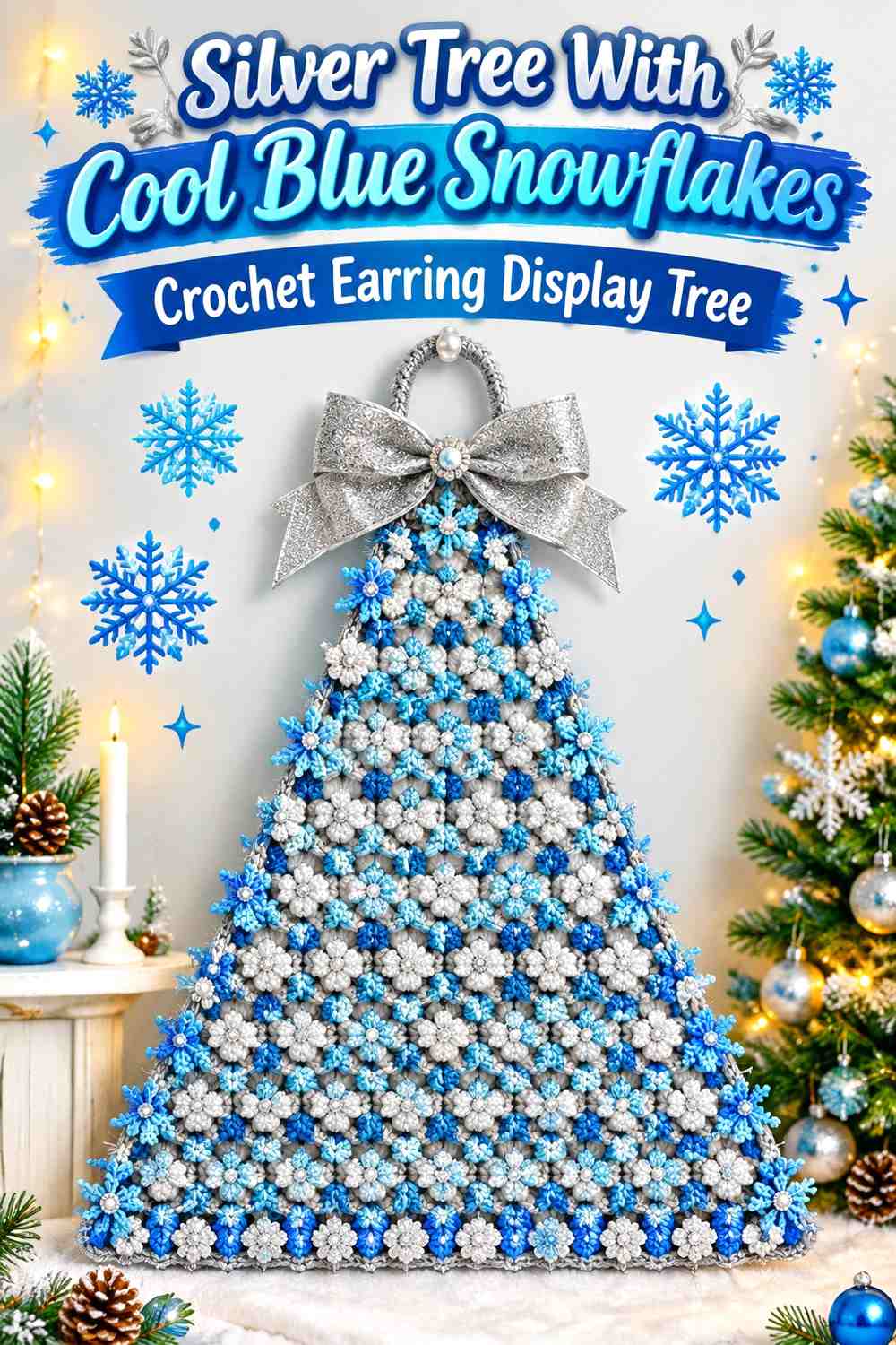 Silver Tree With Cool Blue Snowflakes Crochet Earring Display Tree
