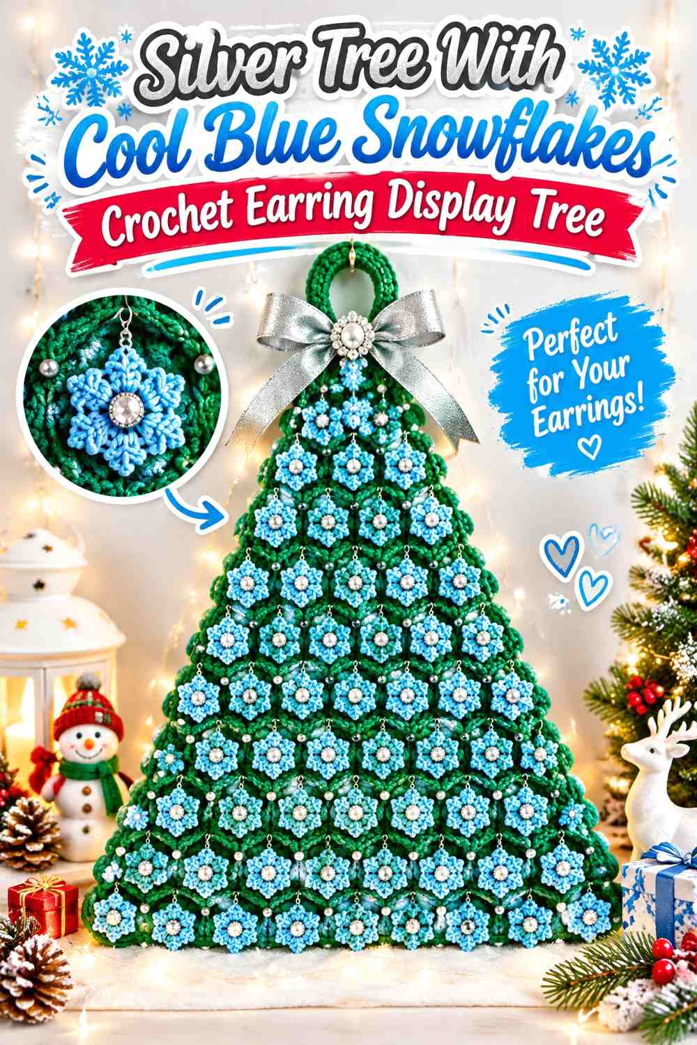 Silver Tree With Cool Blue Snowflakes Crochet Earring Display Tree