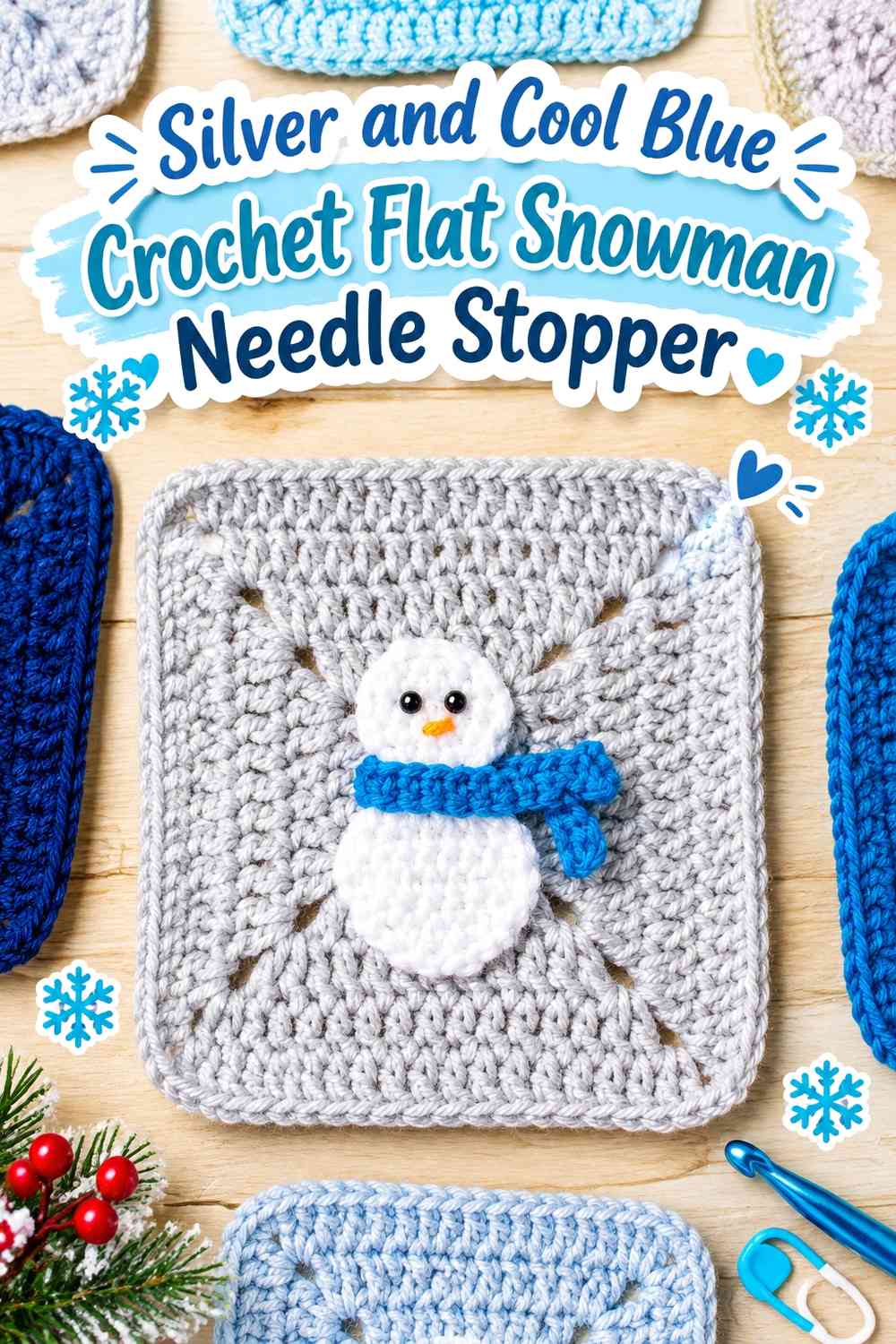 Silver and Cool Blue Crochet Flat Snowman Needle Stopper