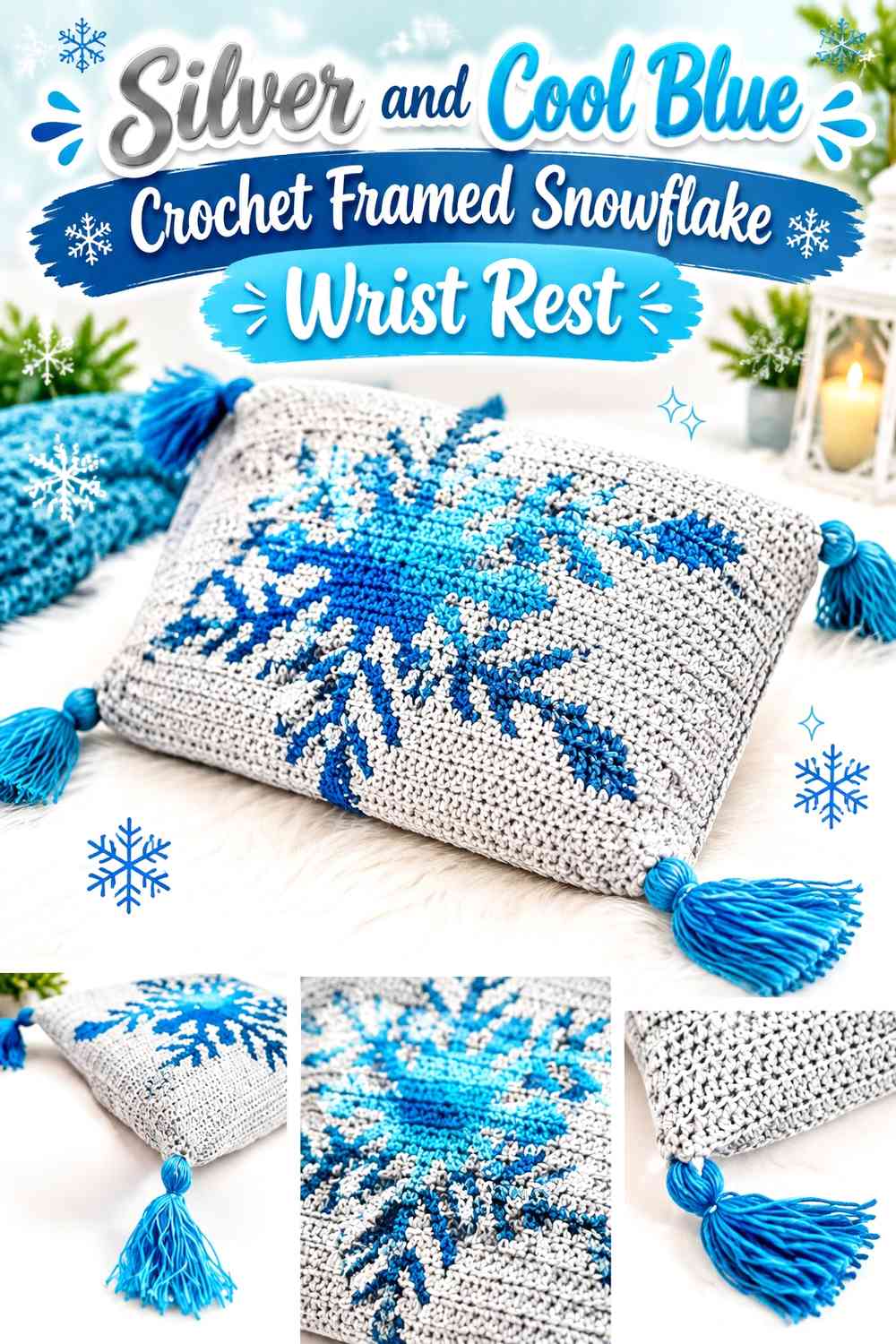 Silver and Cool Blue Crochet Framed Snowflake Wrist Rest