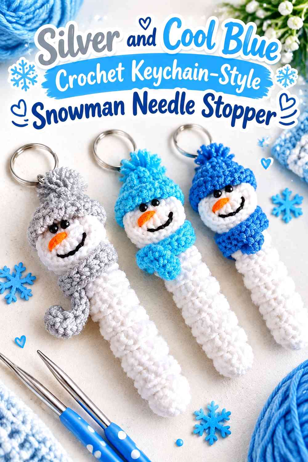 Silver and Cool Blue Crochet Keychain-Style Snowman Needle Stopper