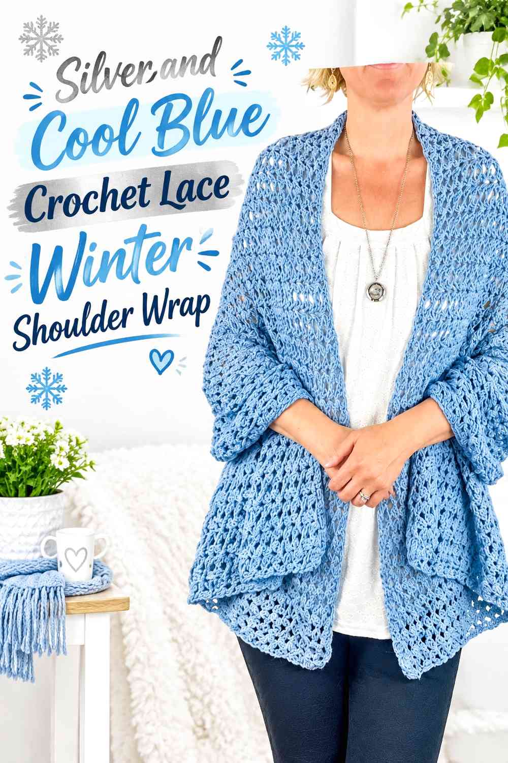 Silver and Cool Blue Crochet Lace Winter Shoulder Wrap