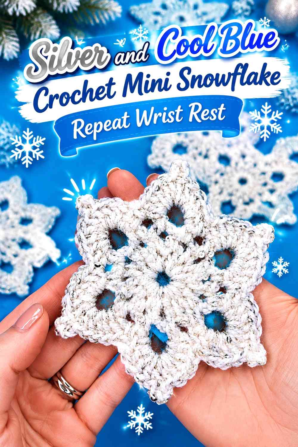 Silver and Cool Blue Crochet Mini Snowflake Repeat Wrist Rest