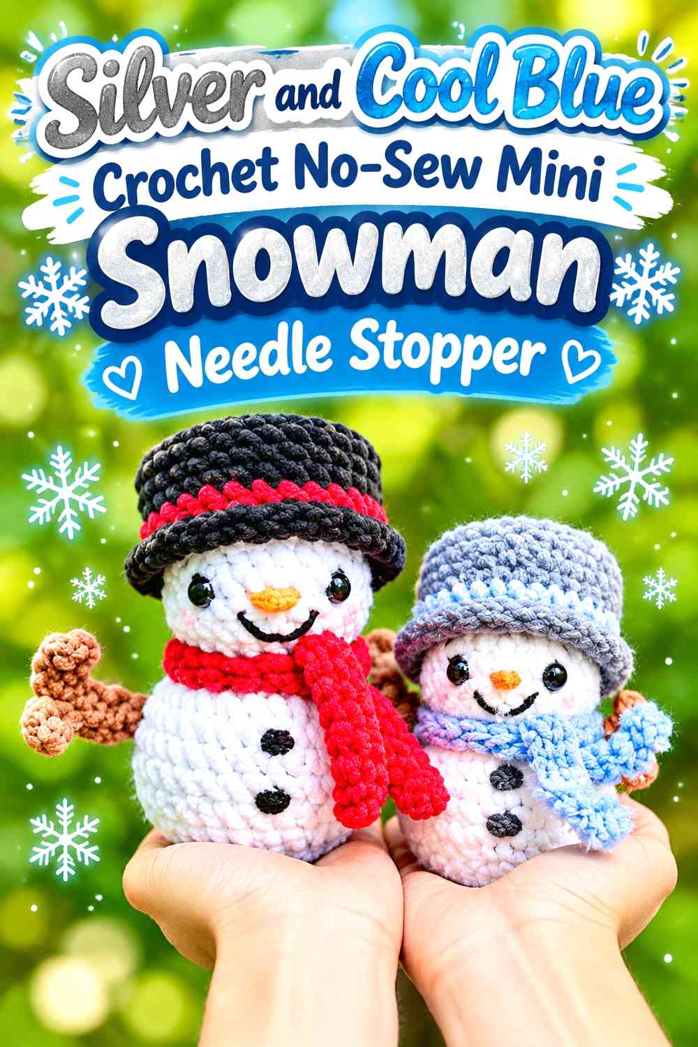 Silver and Cool Blue Crochet No-Sew Mini Snowman Needle Stopper