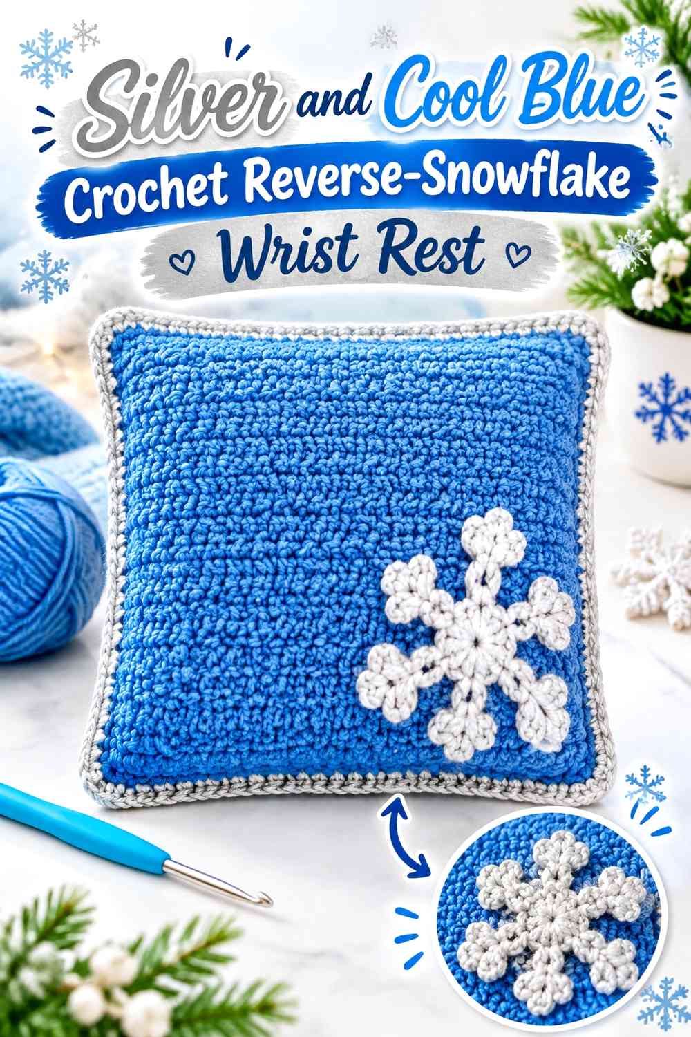 Silver and Cool Blue Crochet Reverse-Snowflake Wrist Rest
