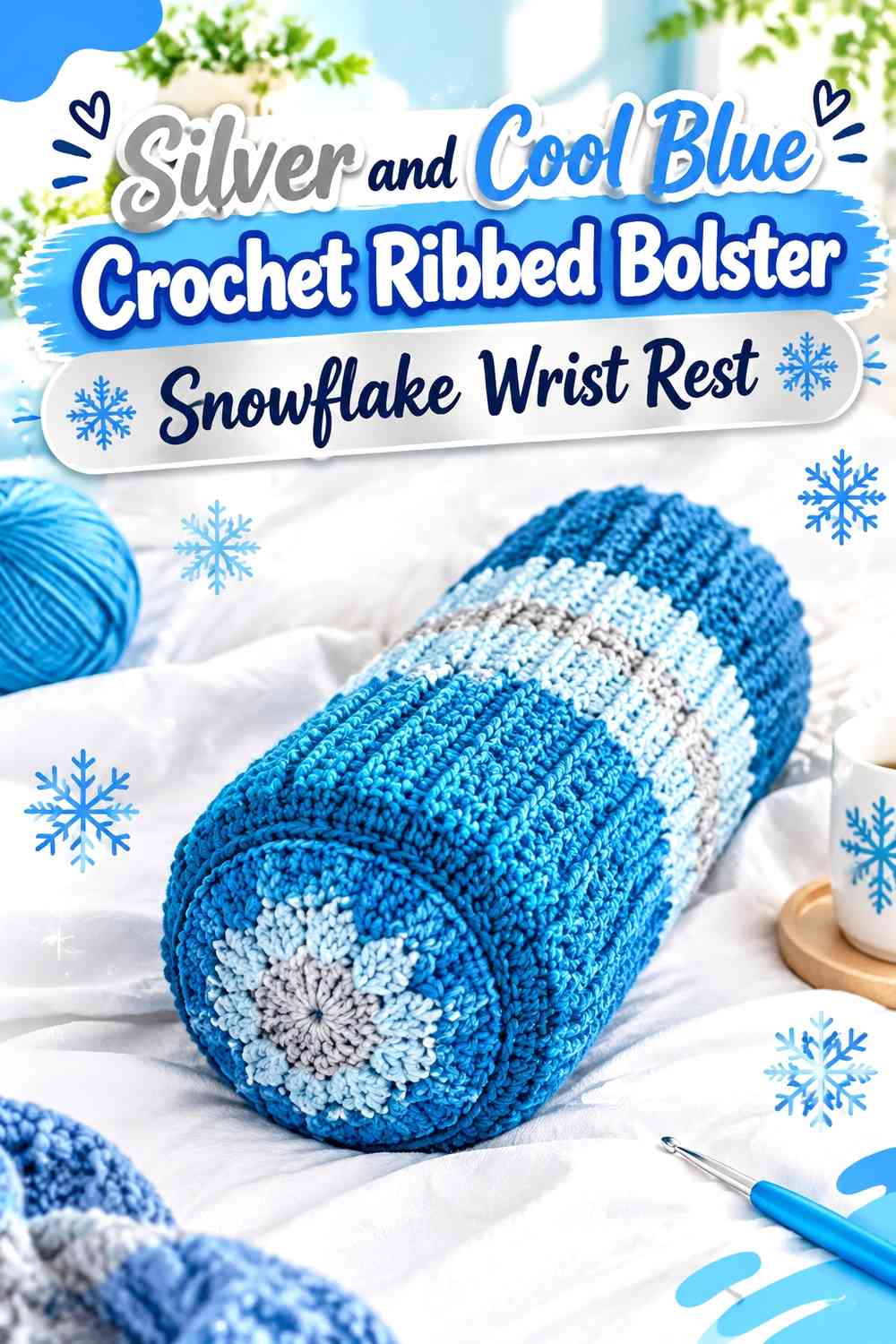 Silver and Cool Blue Crochet Ribbed Bolster Snowflake Wrist Rest