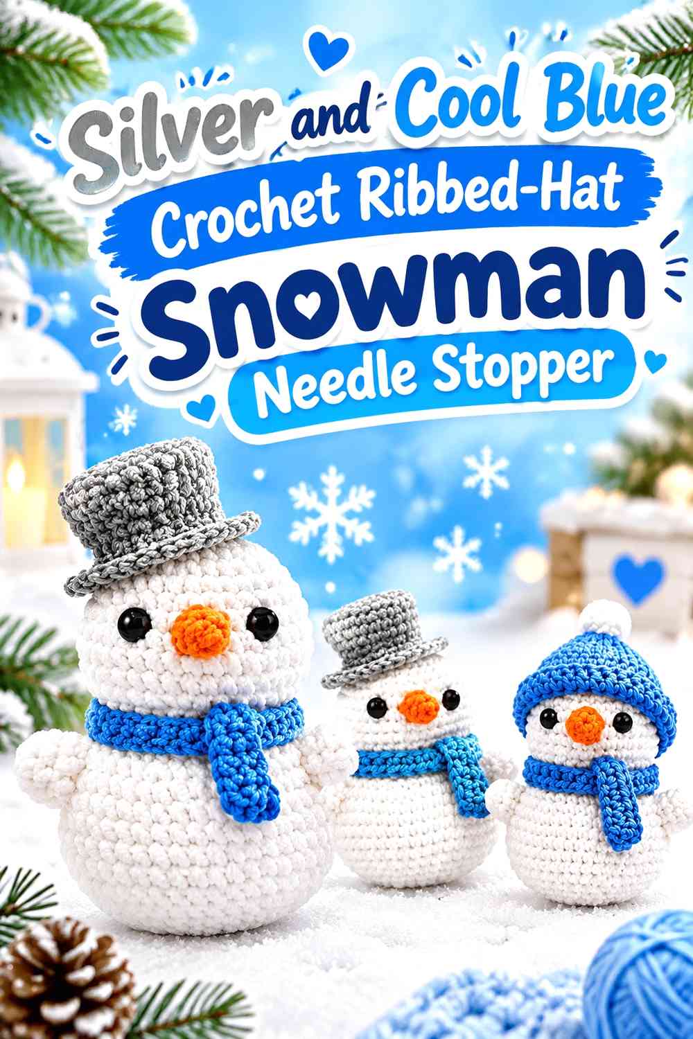 Silver and Cool Blue Crochet Ribbed-Hat Snowman Needle Stopper