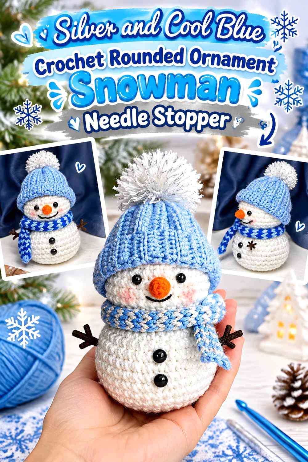 Silver and Cool Blue Crochet Rounded Ornament Snowman Needle Stopper