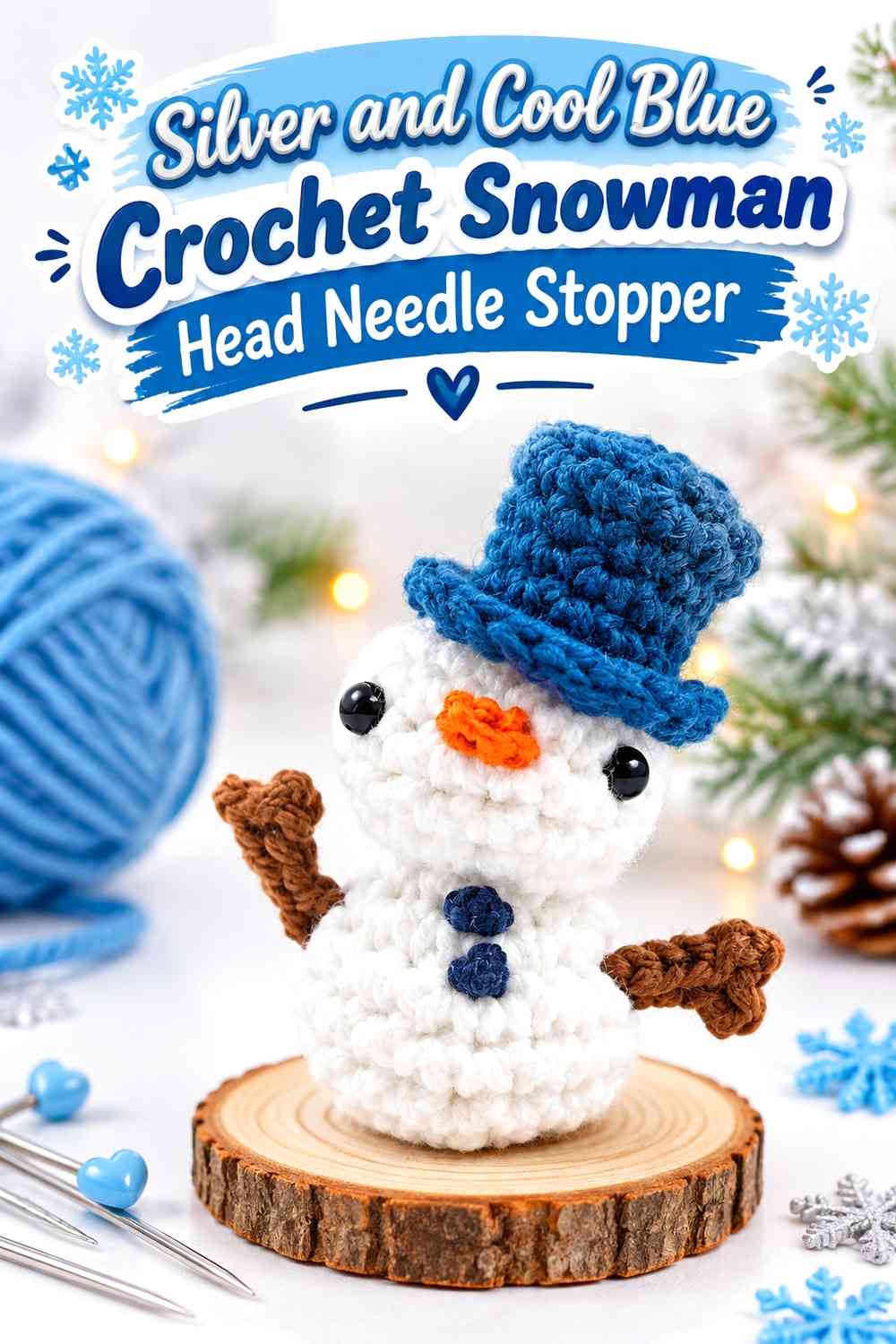 Silver and Cool Blue Crochet Snowman Head Needle Stopper