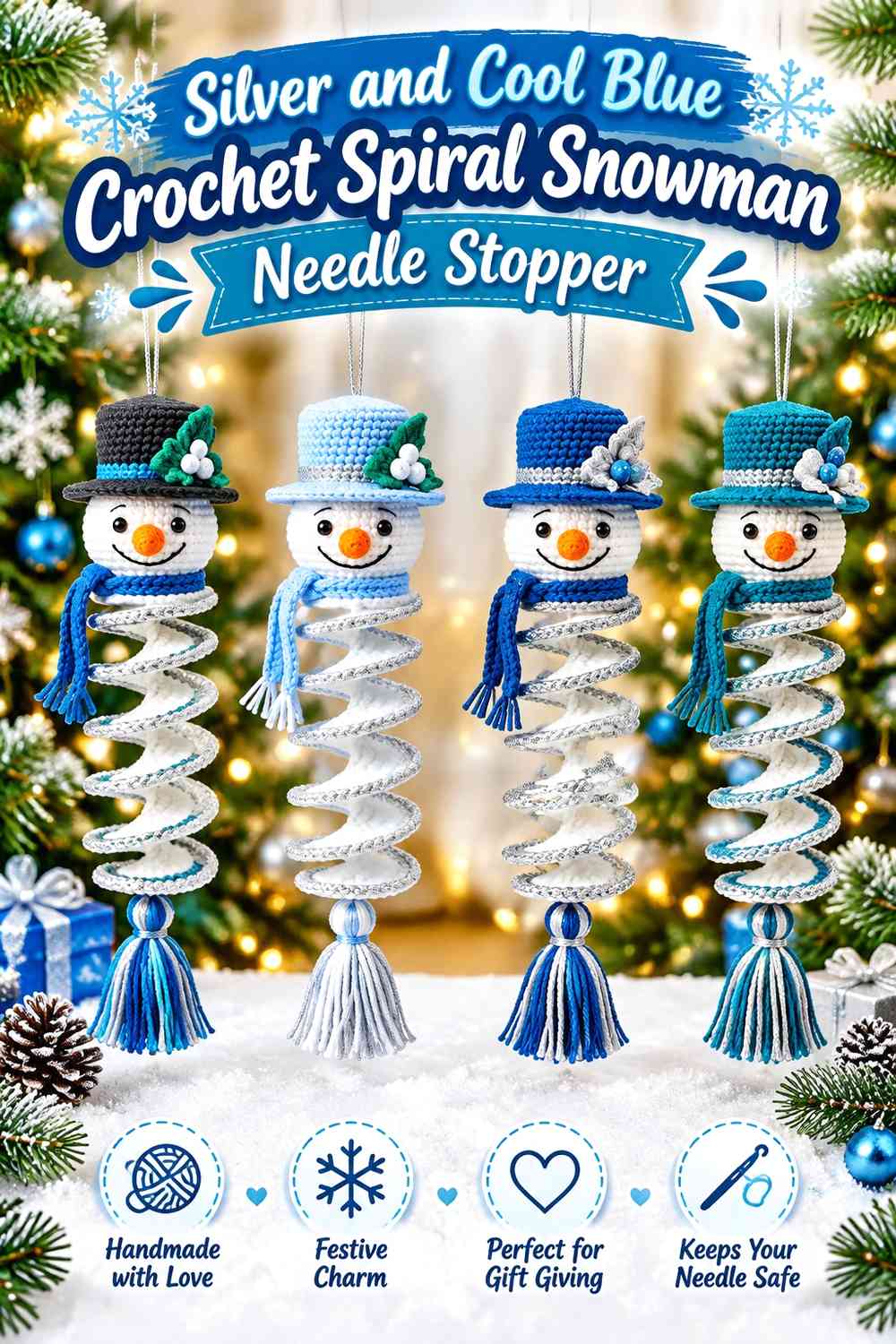 Silver and Cool Blue Crochet Spiral Snowman Needle Stopper