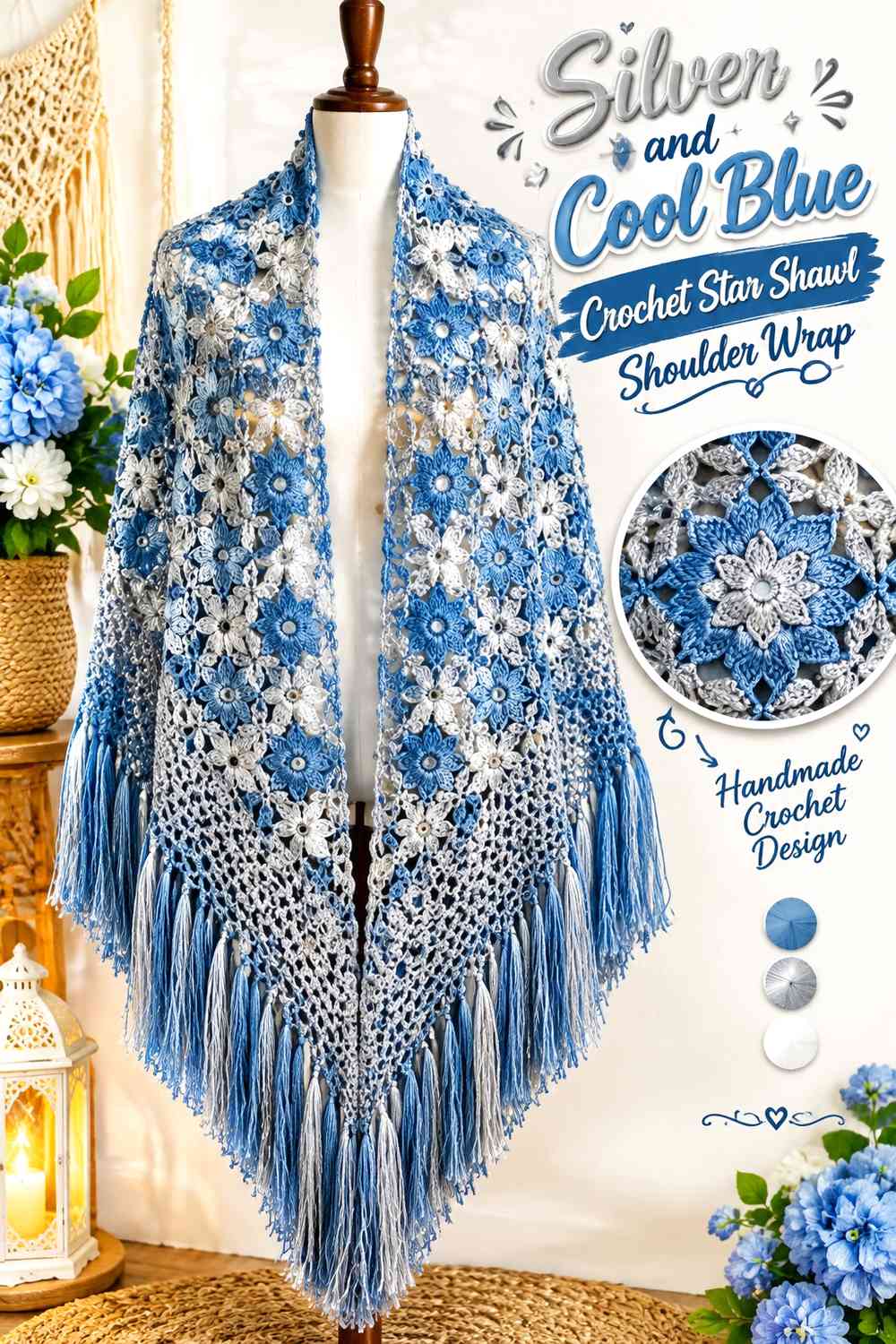 Silver and Cool Blue Crochet Star Shawl Shoulder Wrap