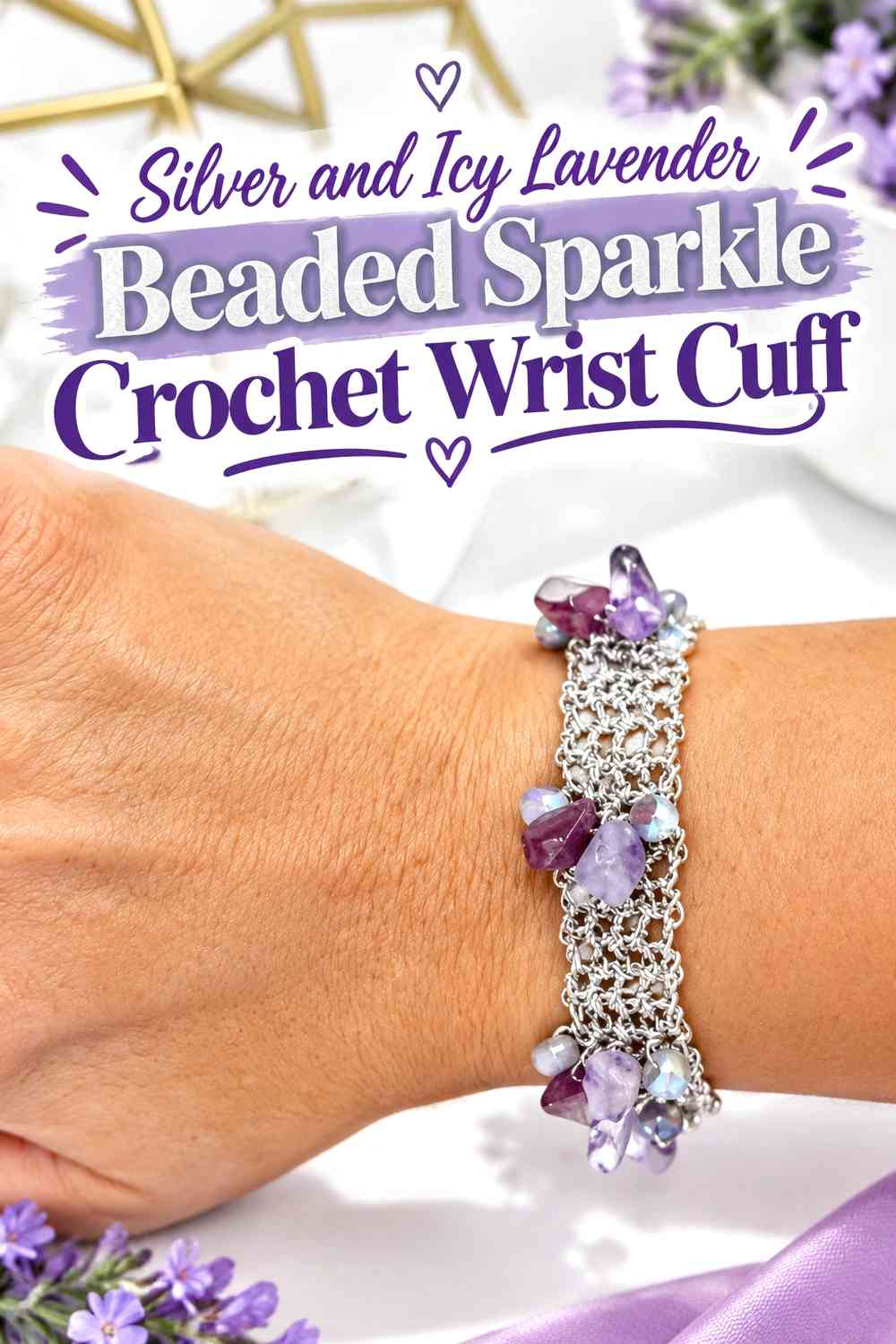 Silver and Icy Lavender Beaded Sparkle Crochet Wrist Cuff