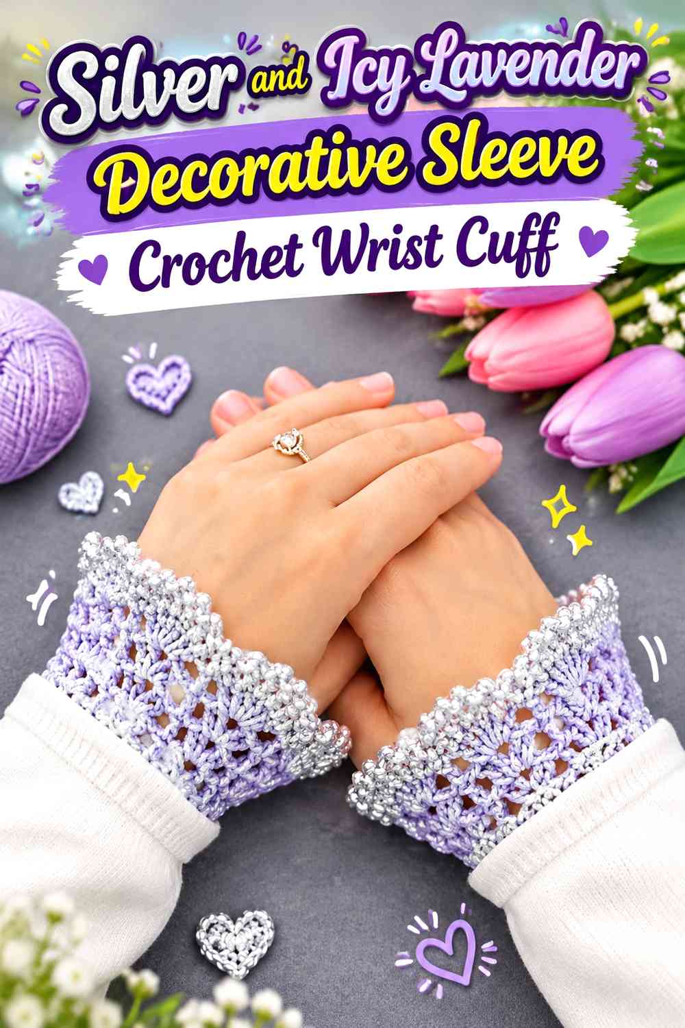 Silver and Icy Lavender Decorative Sleeve Crochet Wrist Cuff