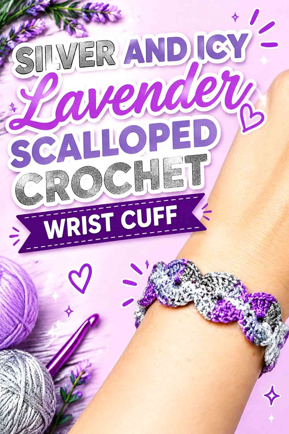 Silver and Icy Lavender Scalloped Crochet Wrist Cuff