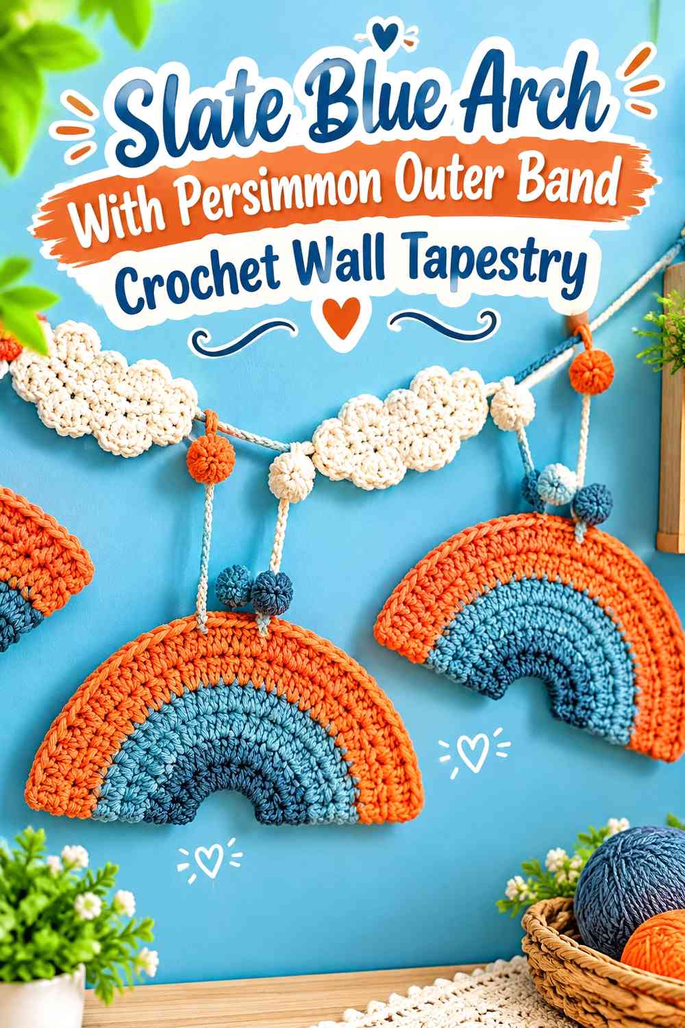 Slate Blue Arch With Persimmon Outer Band Crochet Wall Tapestry