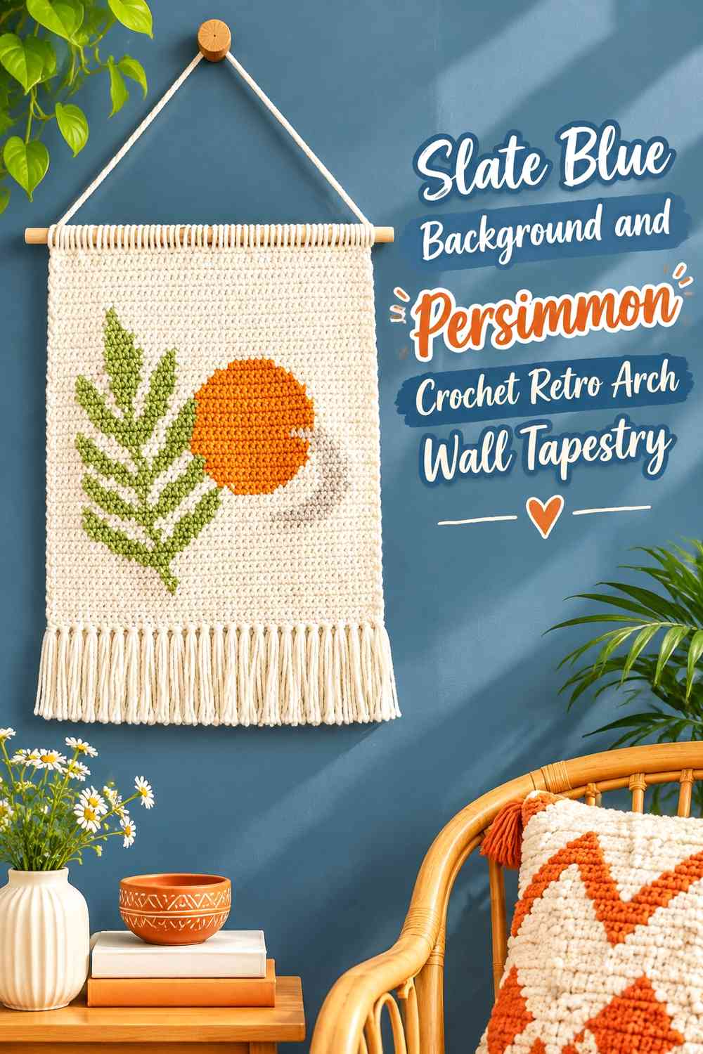 Slate Blue Background and Persimmon Crochet Retro Arch Wall Tapestry