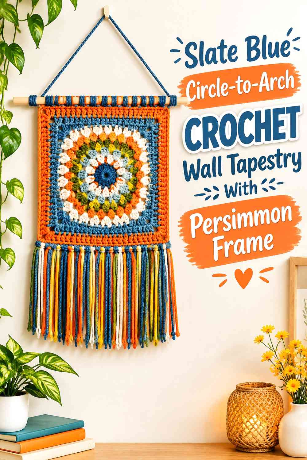 Slate Blue Circle-to-Arch Crochet Wall Tapestry With Persimmon Frame