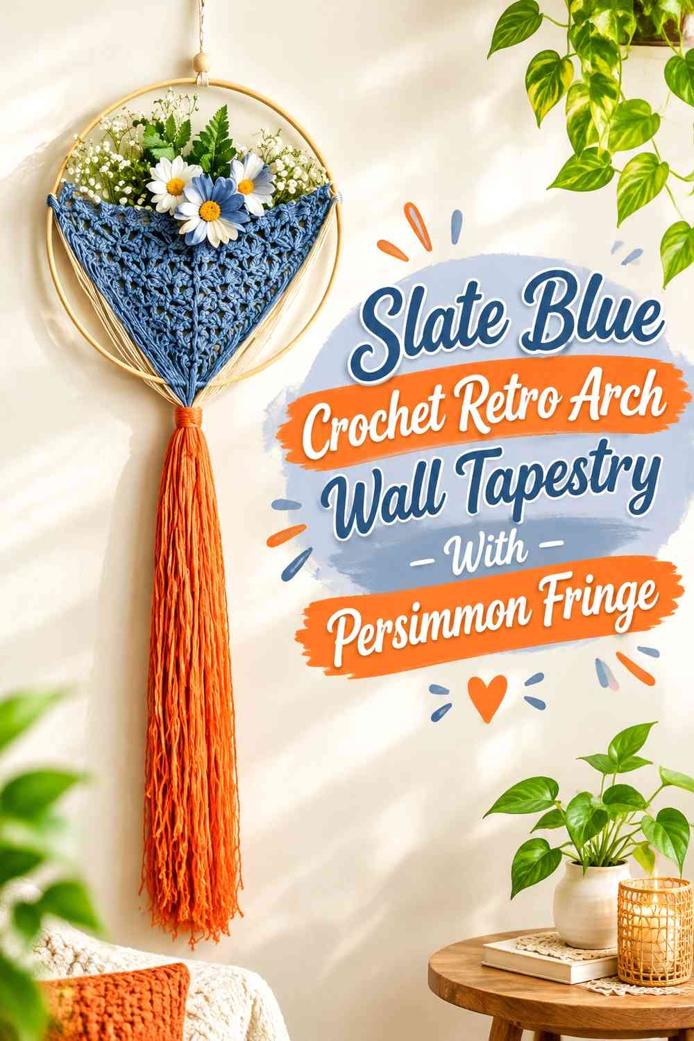 Slate Blue Crochet Retro Arch Wall Tapestry With Persimmon Fringe
