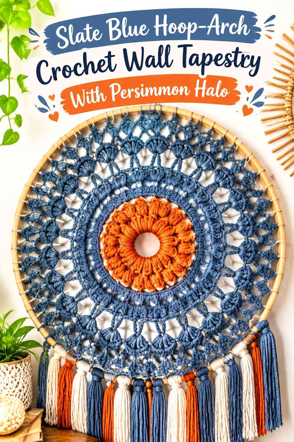 Slate Blue Hoop-Arch Crochet Wall Tapestry With Persimmon Halo