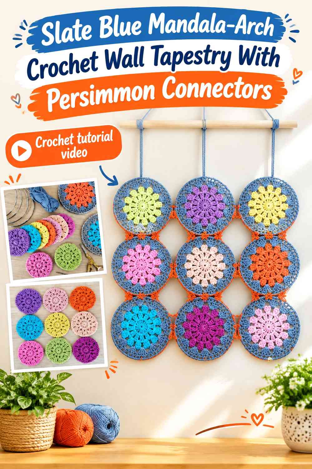 Slate Blue Mandala-Arch Crochet Wall Tapestry With Persimmon Connectors