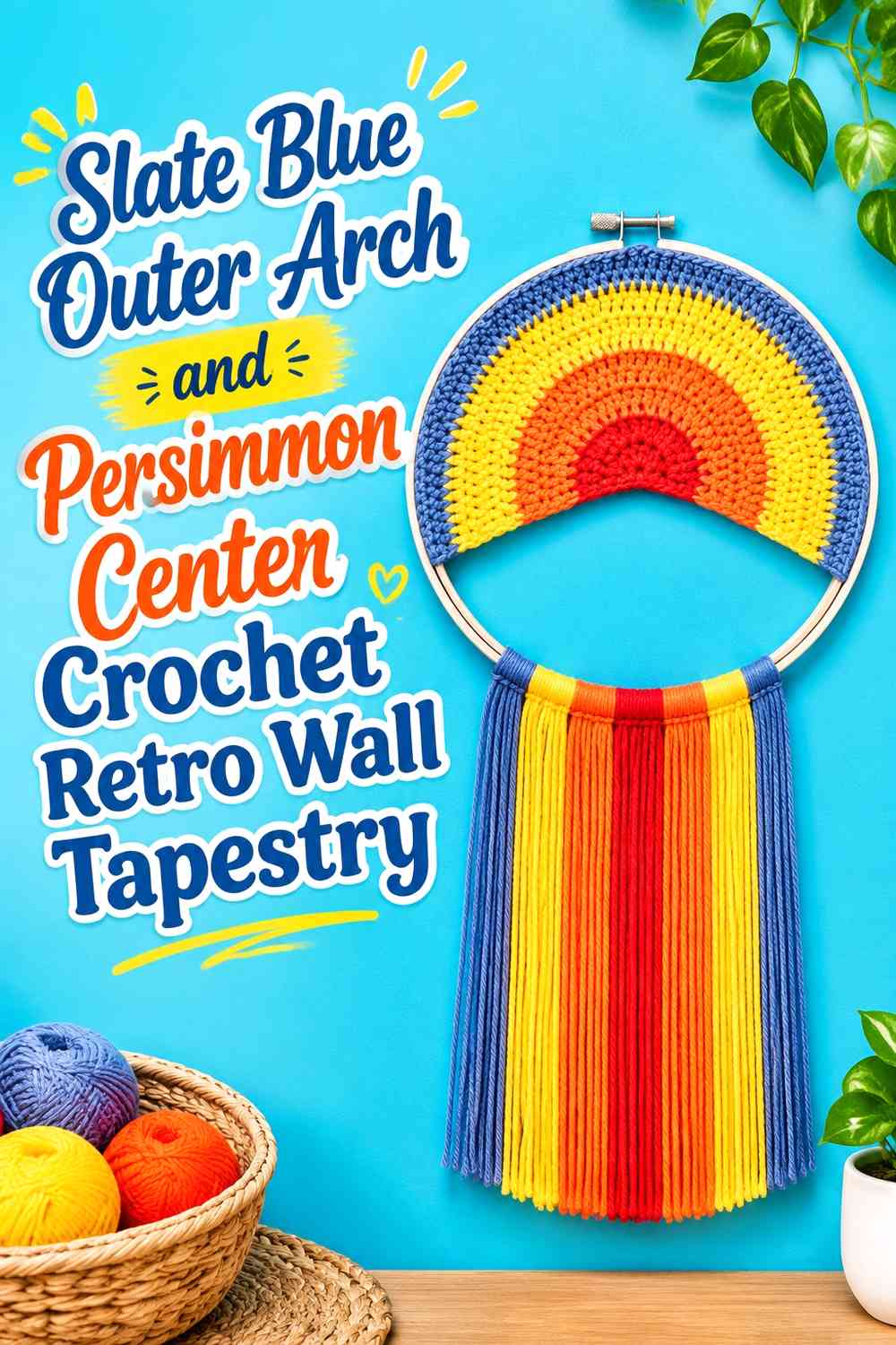 Slate Blue Outer Arch and Persimmon Center Crochet Retro Wall Tapestry