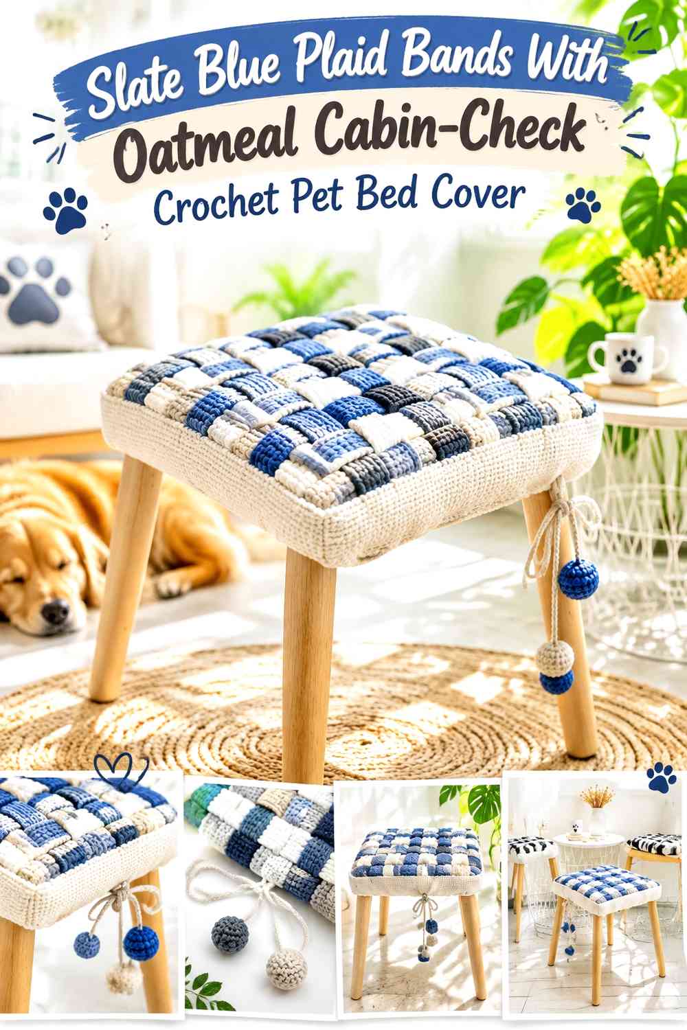 Slate Blue Plaid Bands With Oatmeal Cabin-Check Crochet Pet Bed Cover