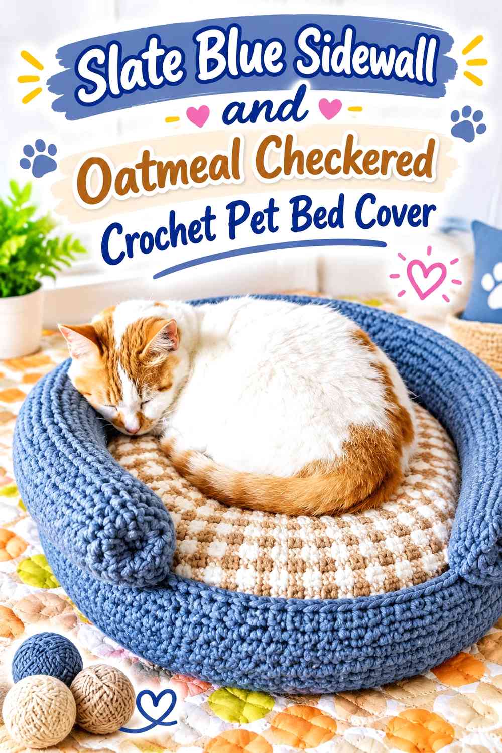 Slate Blue Sidewall and Oatmeal Checkered Crochet Pet Bed Cover