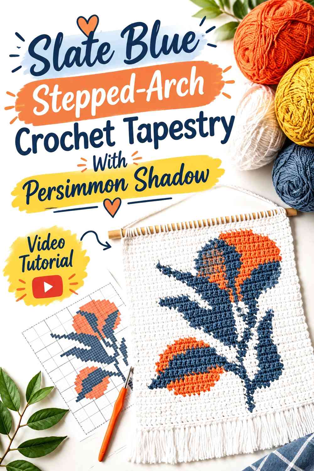 Slate Blue Stepped-Arch Crochet Tapestry With Persimmon Shadow