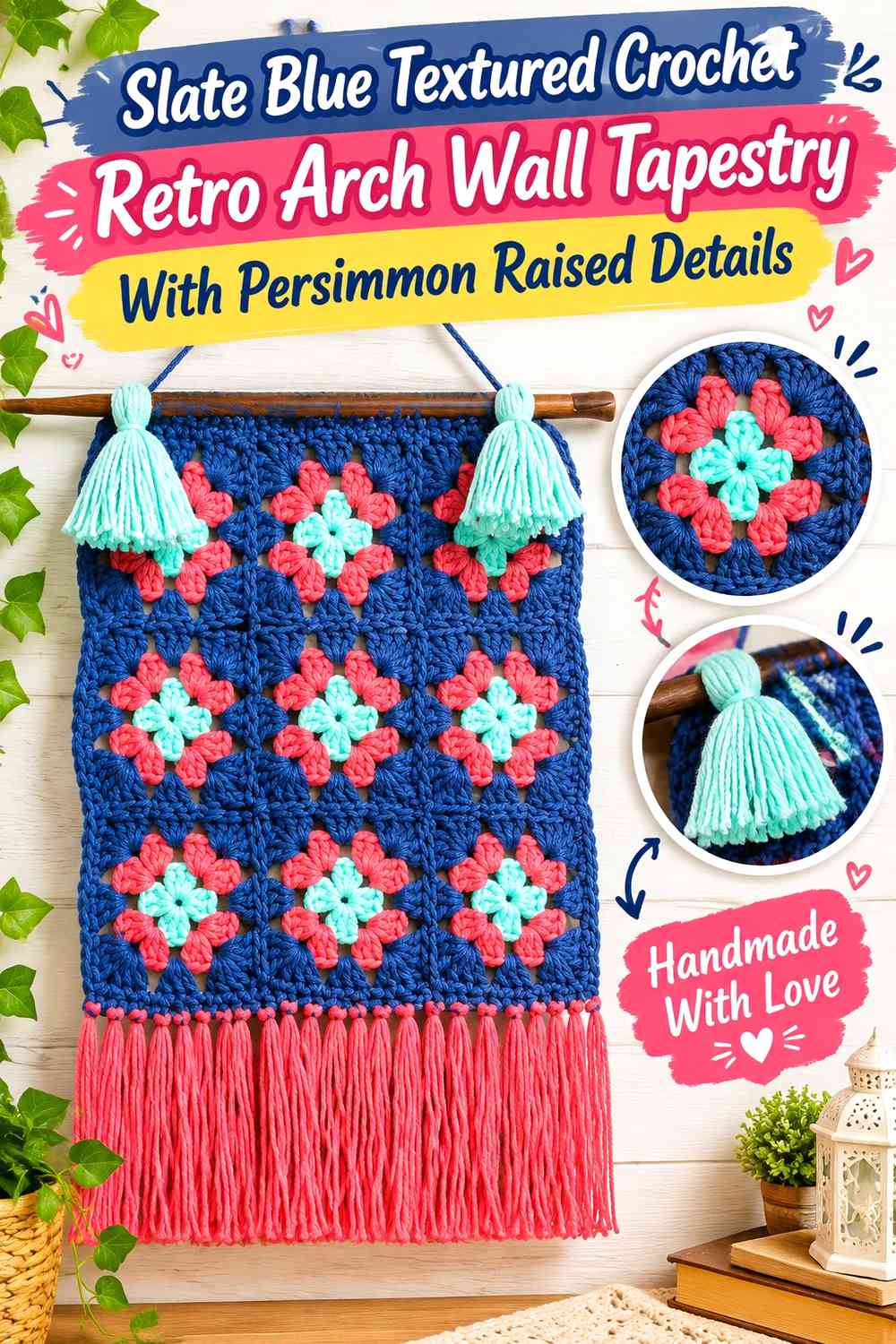 Slate Blue Textured Crochet Retro Arch Wall Tapestry With Persimmon Raised Details