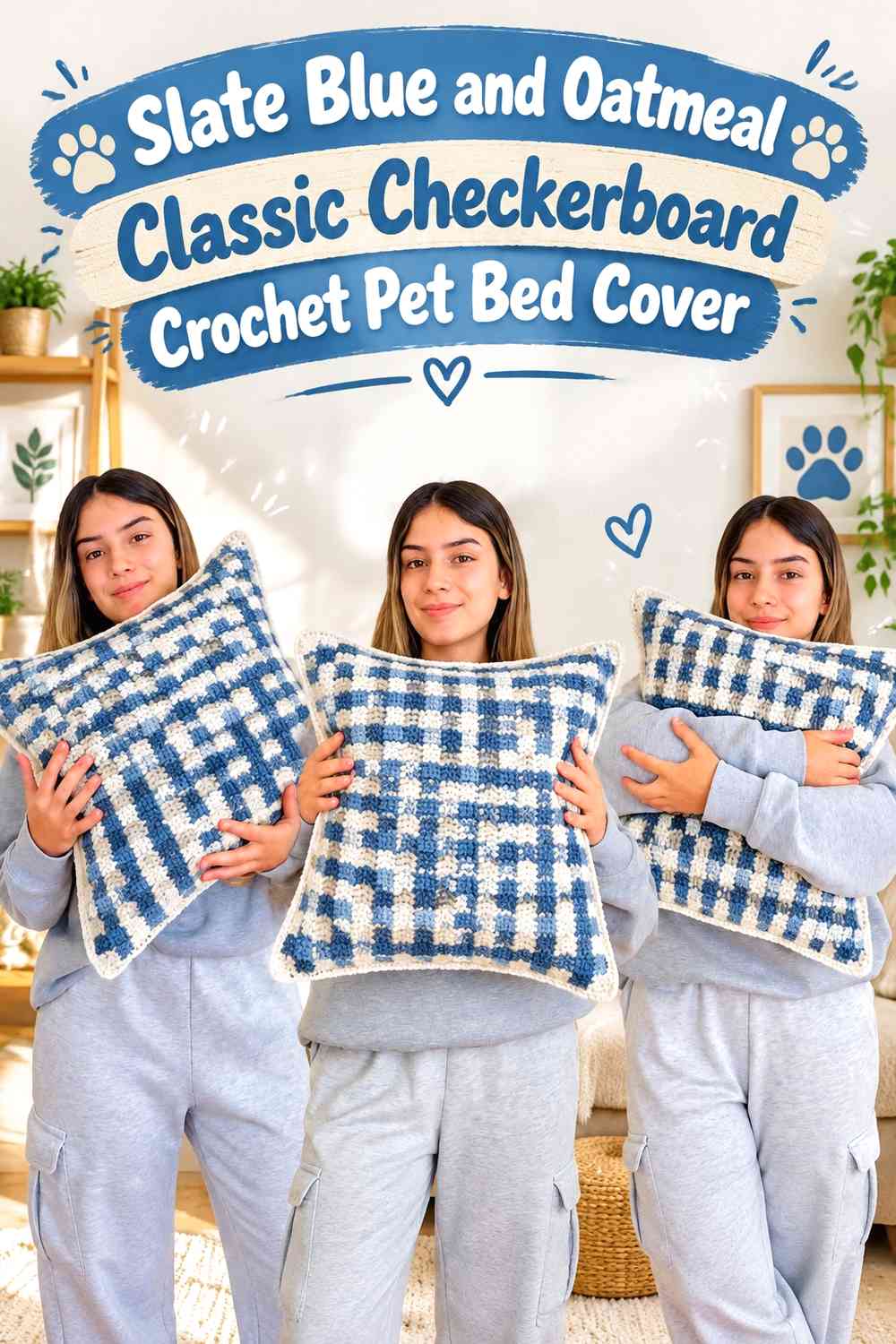 Slate Blue and Oatmeal Classic Checkerboard Crochet Pet Bed Cover