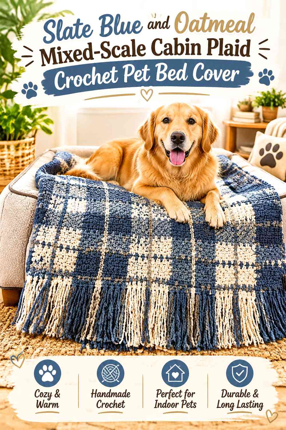 Slate Blue and Oatmeal Mixed-Scale Cabin Plaid Crochet Pet Bed Cover