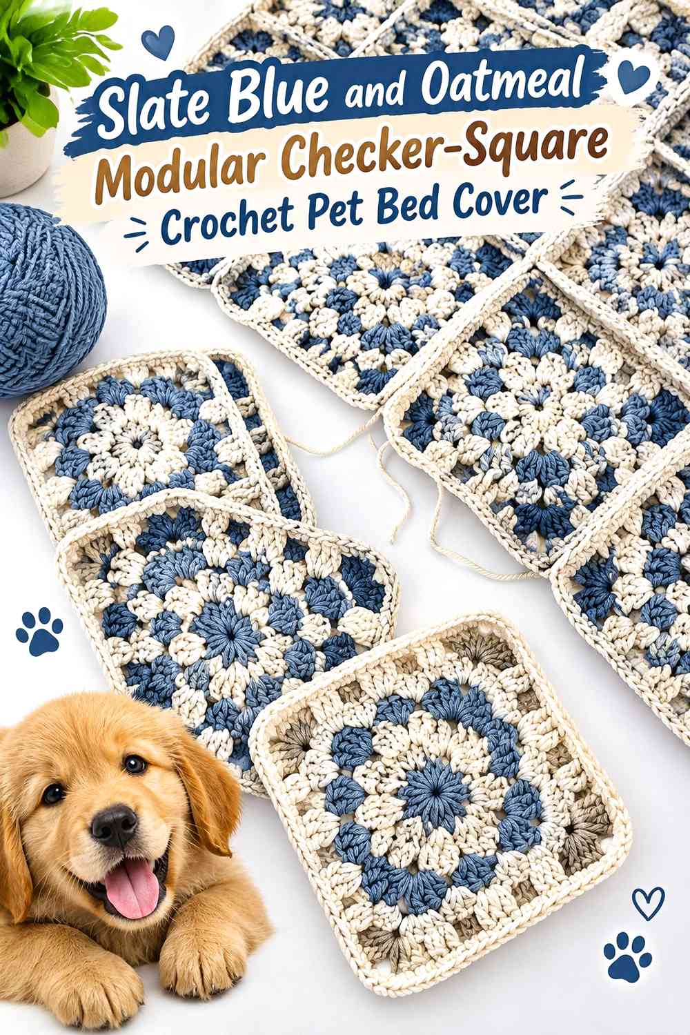 Slate Blue and Oatmeal Modular Checker-Square Crochet Pet Bed Cover