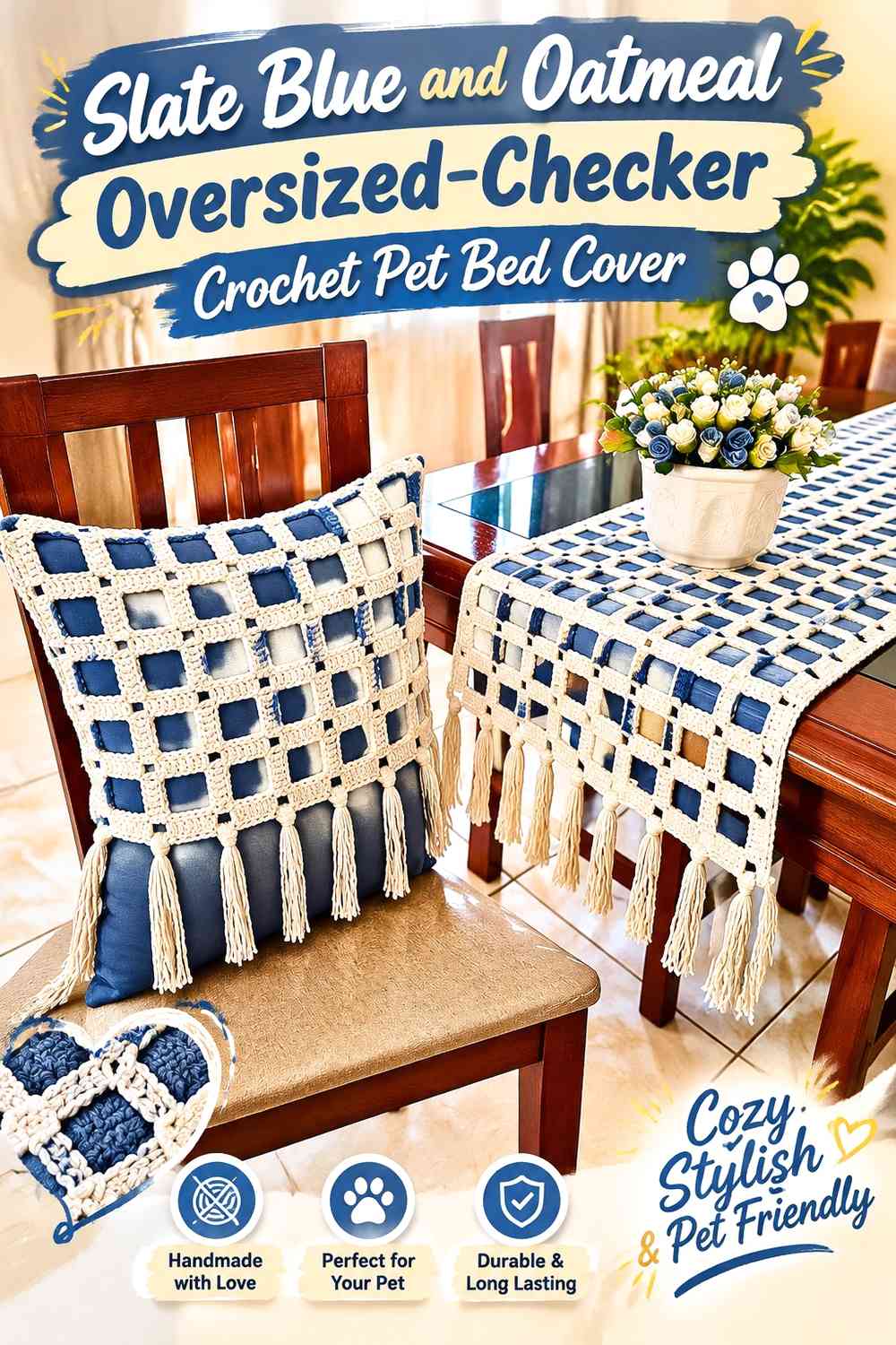 Slate Blue and Oatmeal Oversized-Checker Crochet Pet Bed Cover