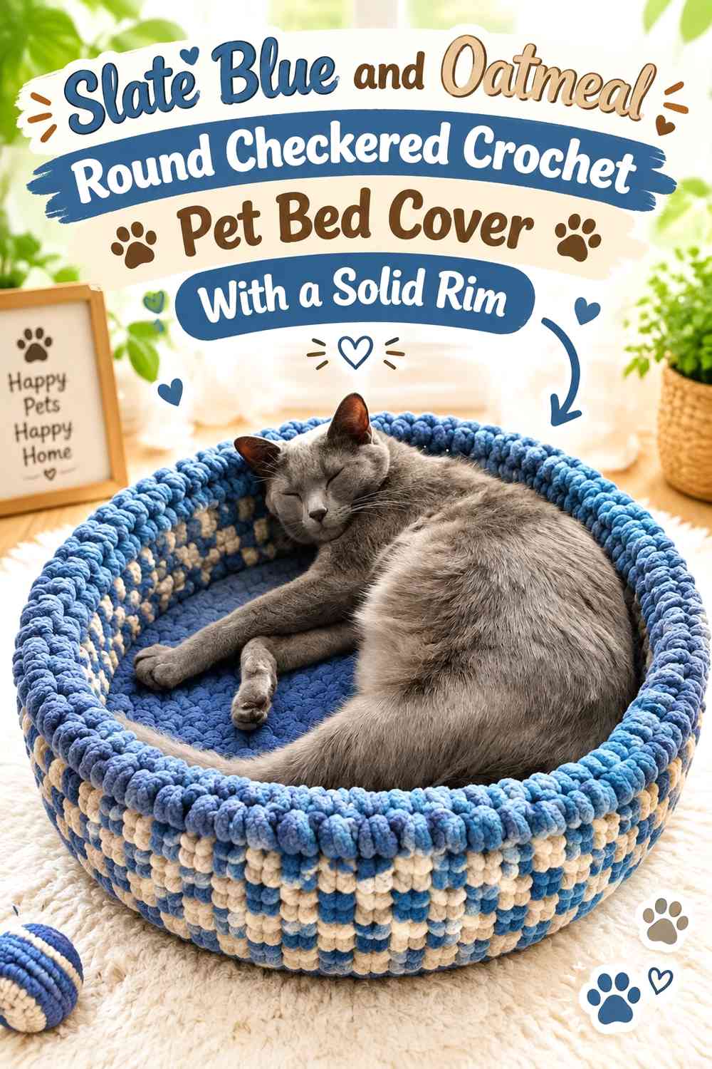 Slate Blue and Oatmeal Round Checkered Crochet Pet Bed Cover With a Solid Rim
