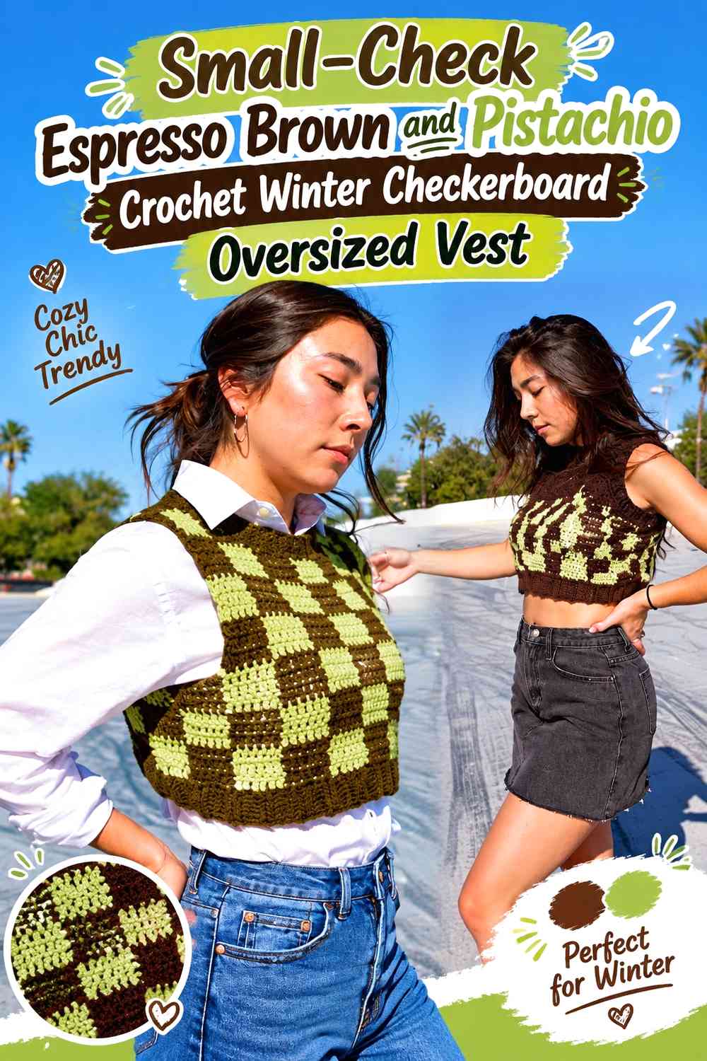 Small-Check Espresso Brown and Pistachio Crochet Winter Checkerboard Oversized Vest