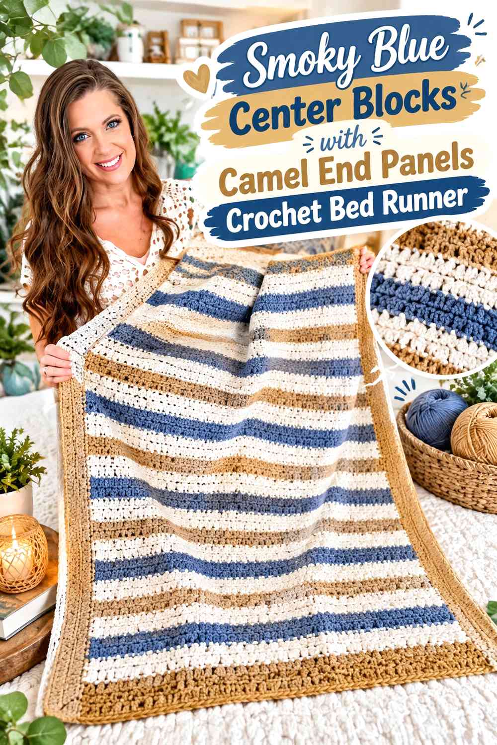 Smoky Blue Center Blocks with Camel End Panels Crochet Bed Runner