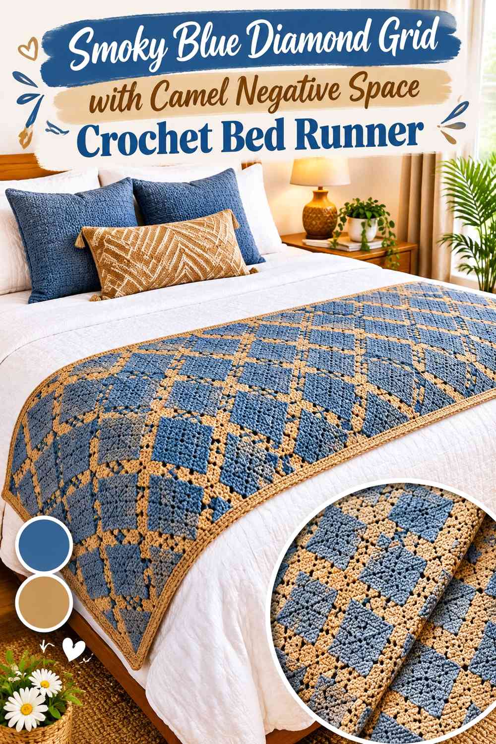 Smoky Blue Diamond Grid with Camel Negative Space Crochet Bed Runner