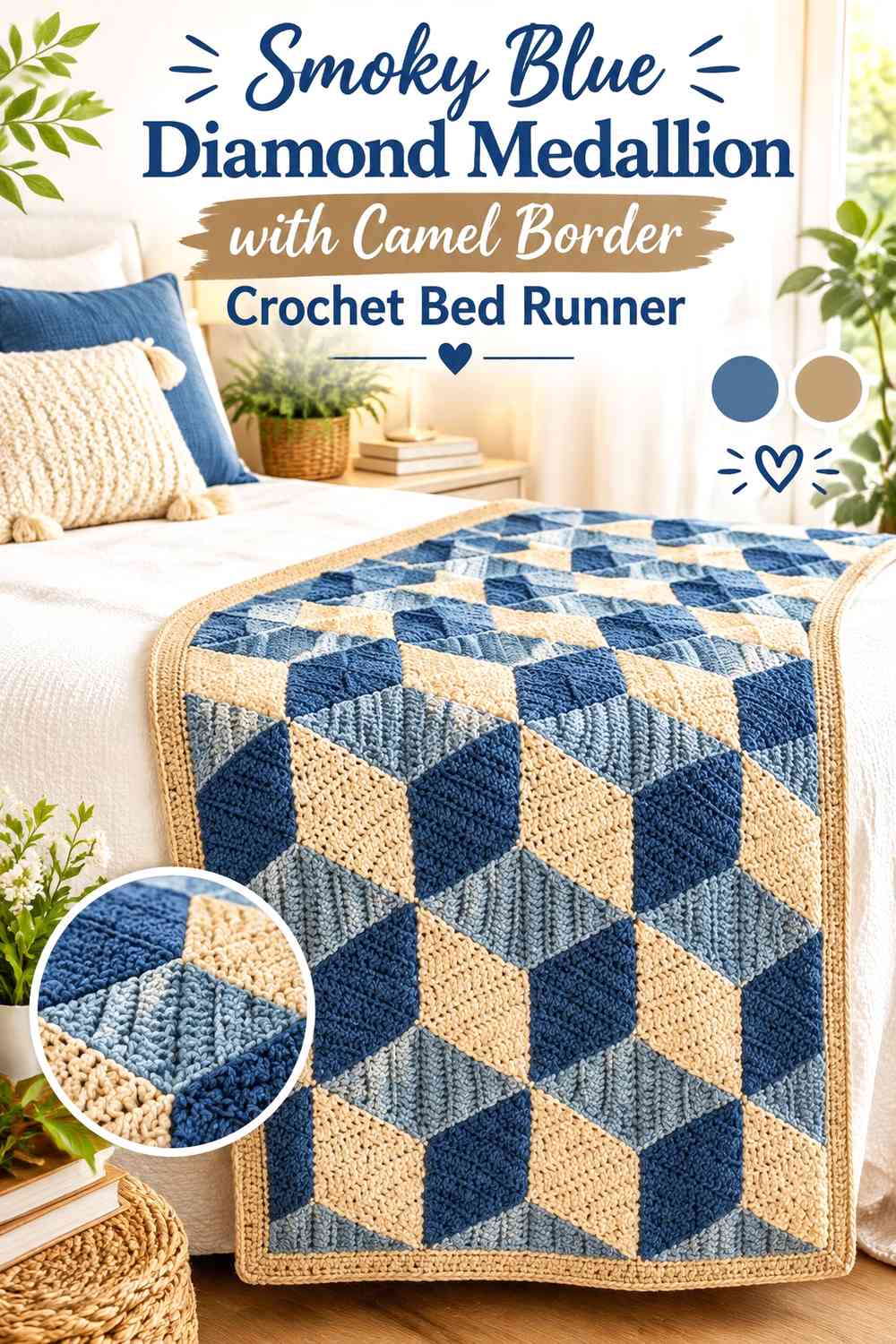 Smoky Blue Diamond Medallion with Camel Border Crochet Bed Runner
