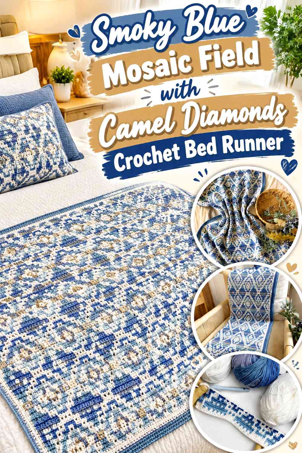 Smoky Blue Mosaic Field with Camel Diamonds Crochet Bed Runner