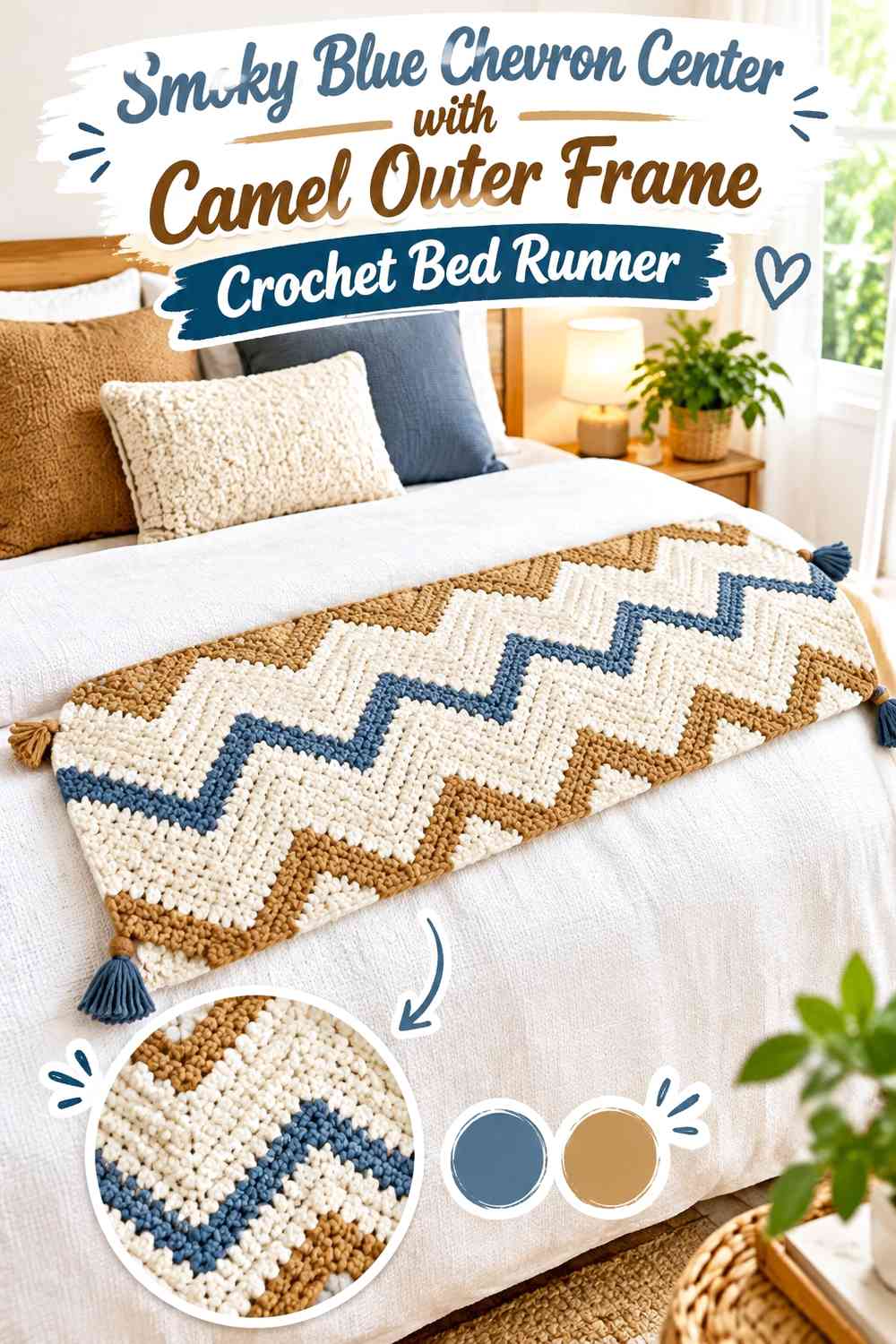 Smoky Blue Offset Blocks with Camel Connecting Stripes Crochet Bed Runner