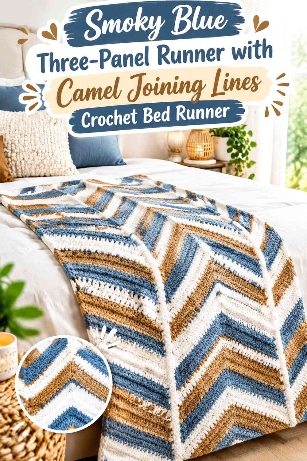 Smoky Blue Three-Panel Runner with Camel Joining Lines Crochet Bed Runner