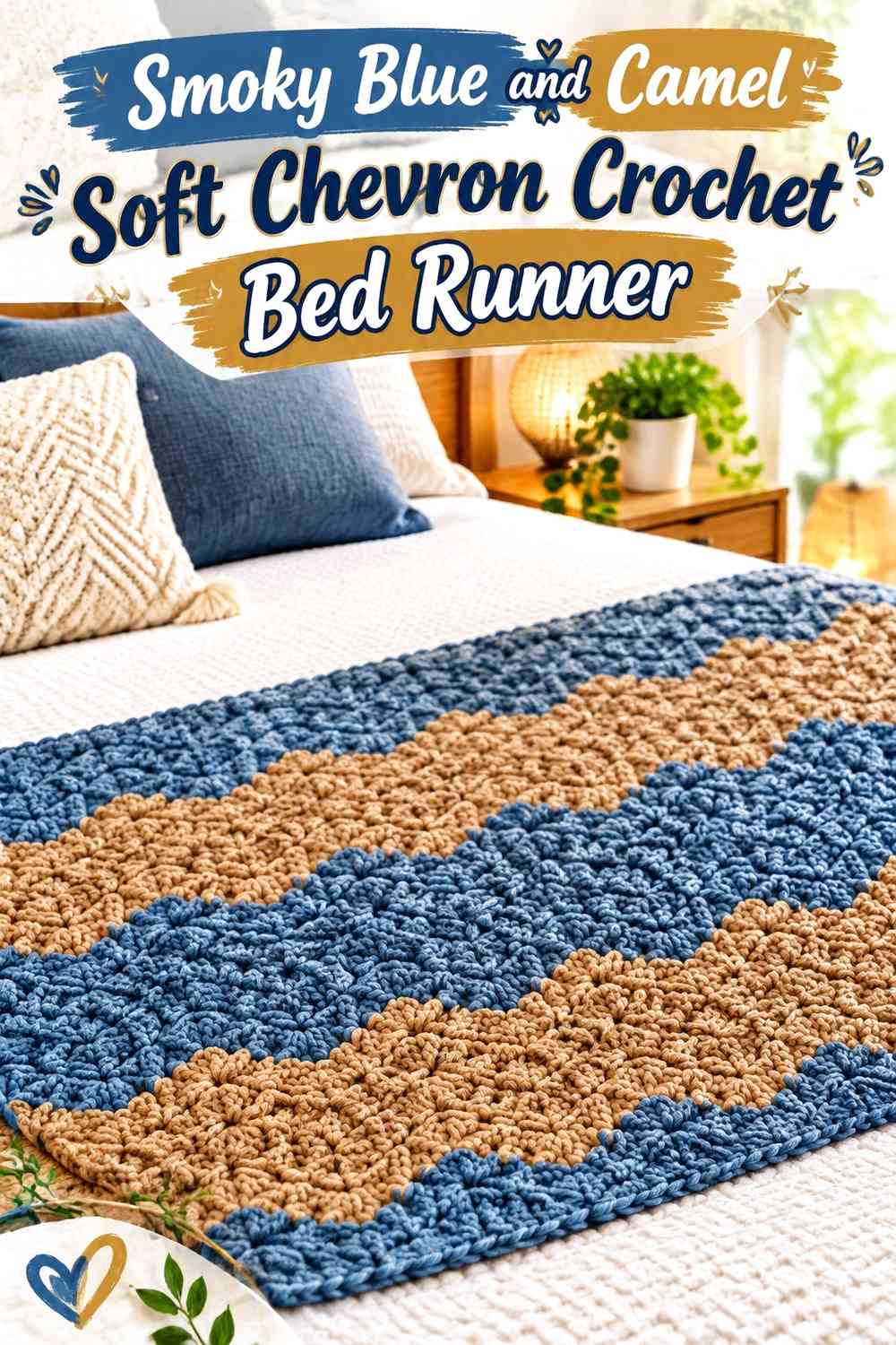 Smoky Blue and Camel Soft Chevron Crochet Bed Runner