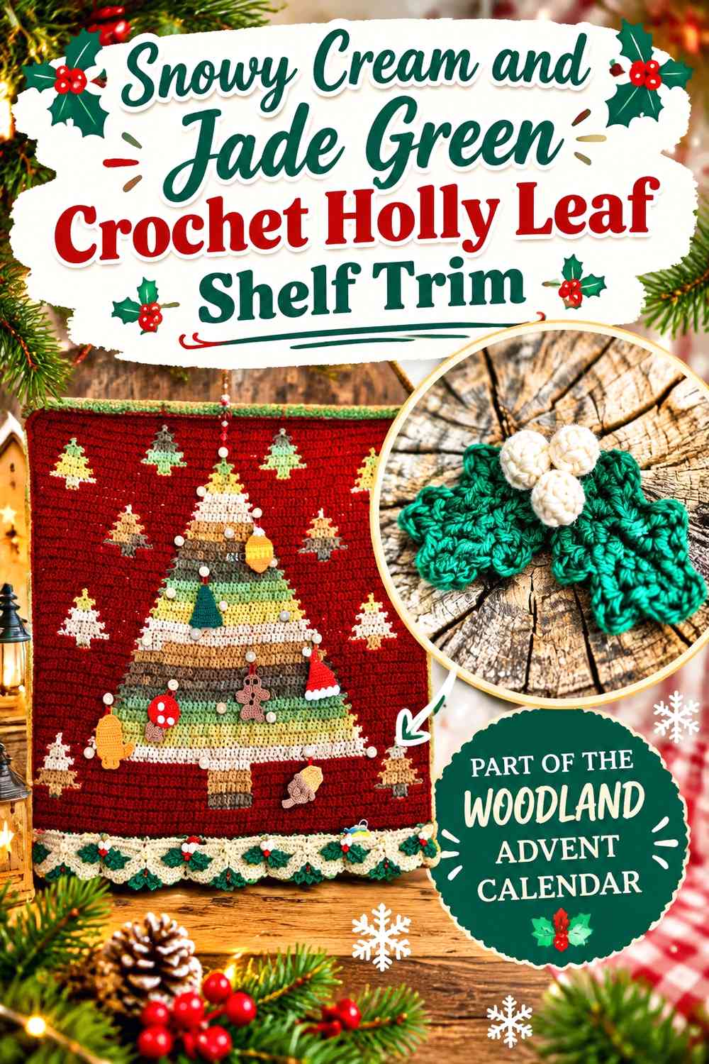 Snowy Cream and Jade Green Crochet Holly Leaf Shelf Trim