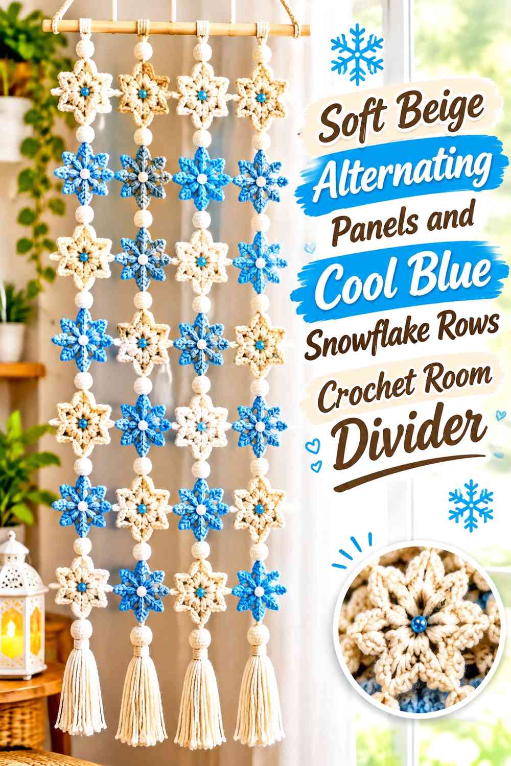 Soft Beige Alternating Panels and Cool Blue Snowflake Rows Crochet Room Divider