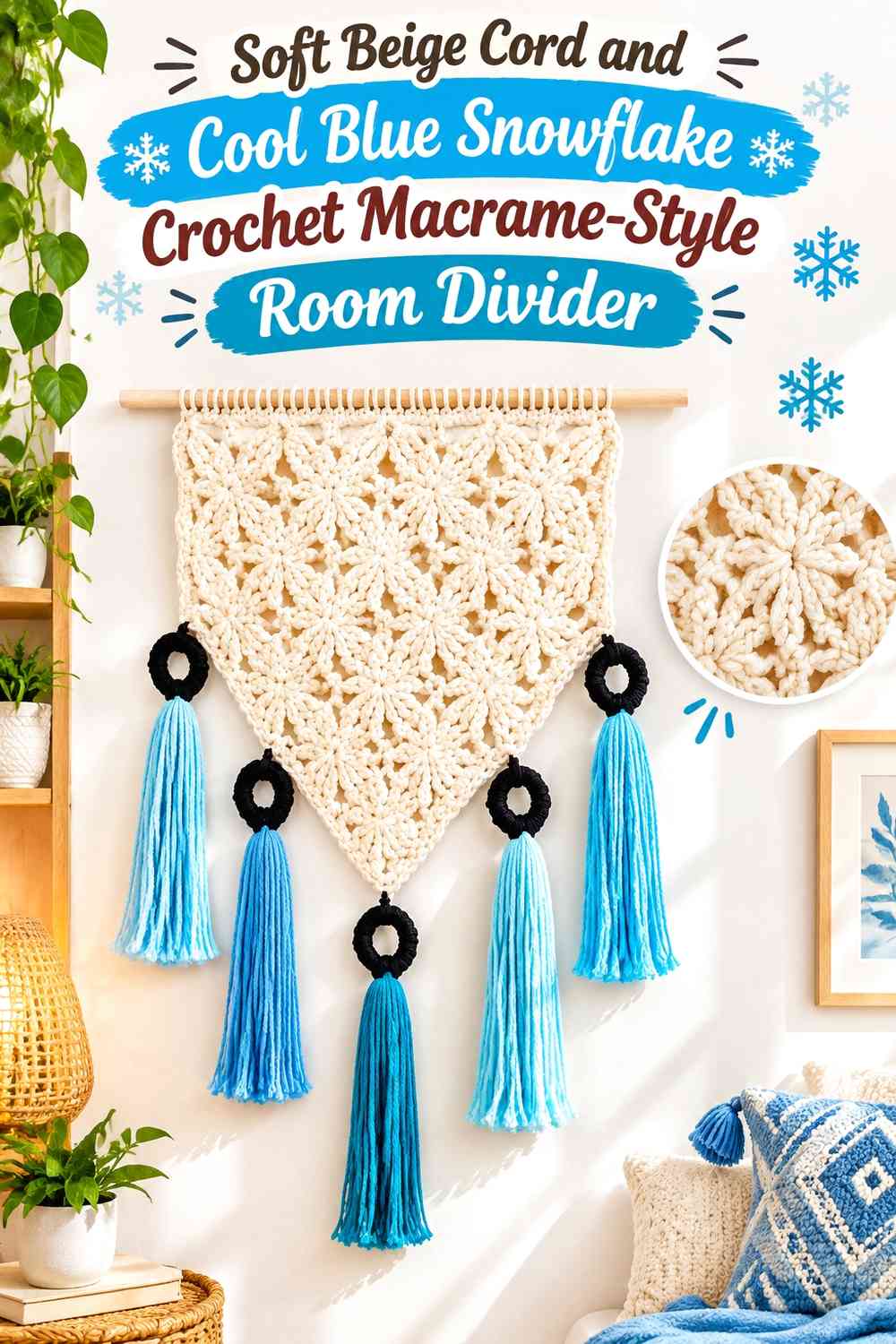 Soft Beige Cord and Cool Blue Snowflake Crochet Macrame-Style Room Divider